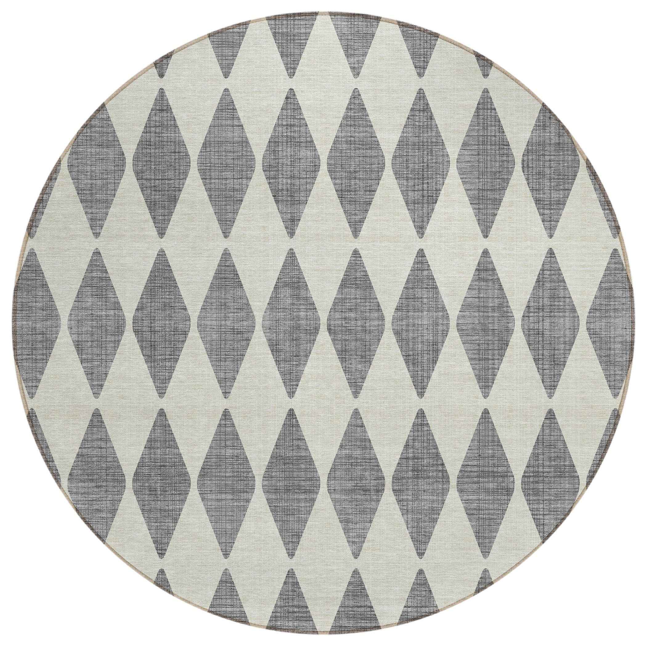 8' Gray And Ivory Round Geometric Washable Indoor Outdoor Area Rug