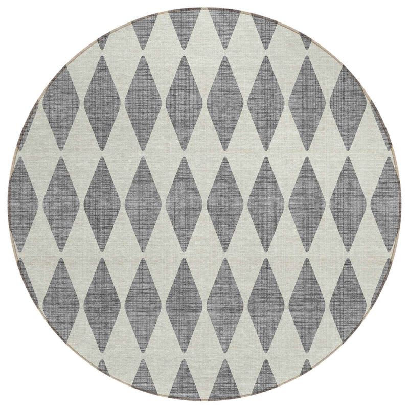 8' Gray And Ivory Round Geometric Washable Indoor Outdoor Area Rug