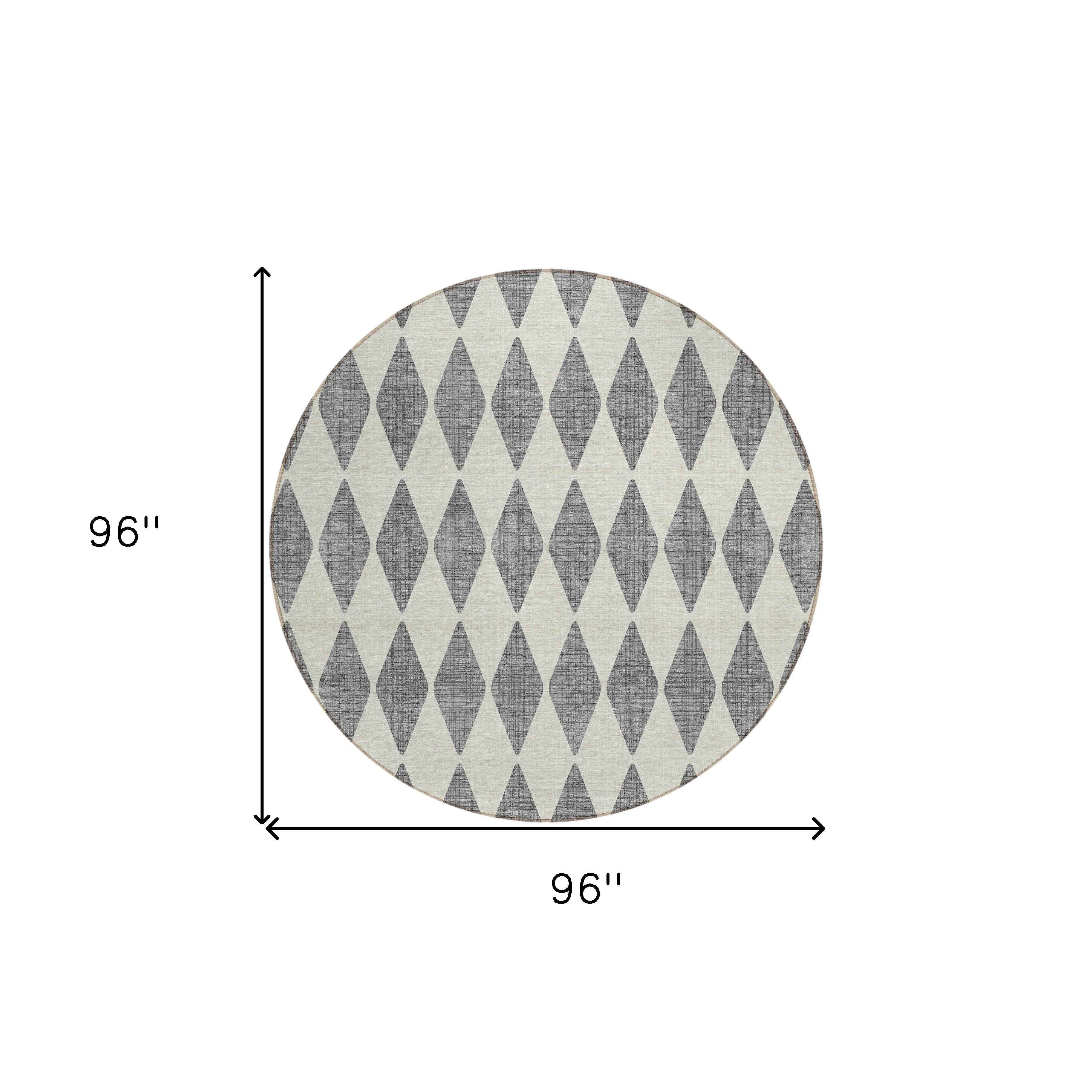 8' Gray And Ivory Round Geometric Washable Indoor Outdoor Area Rug