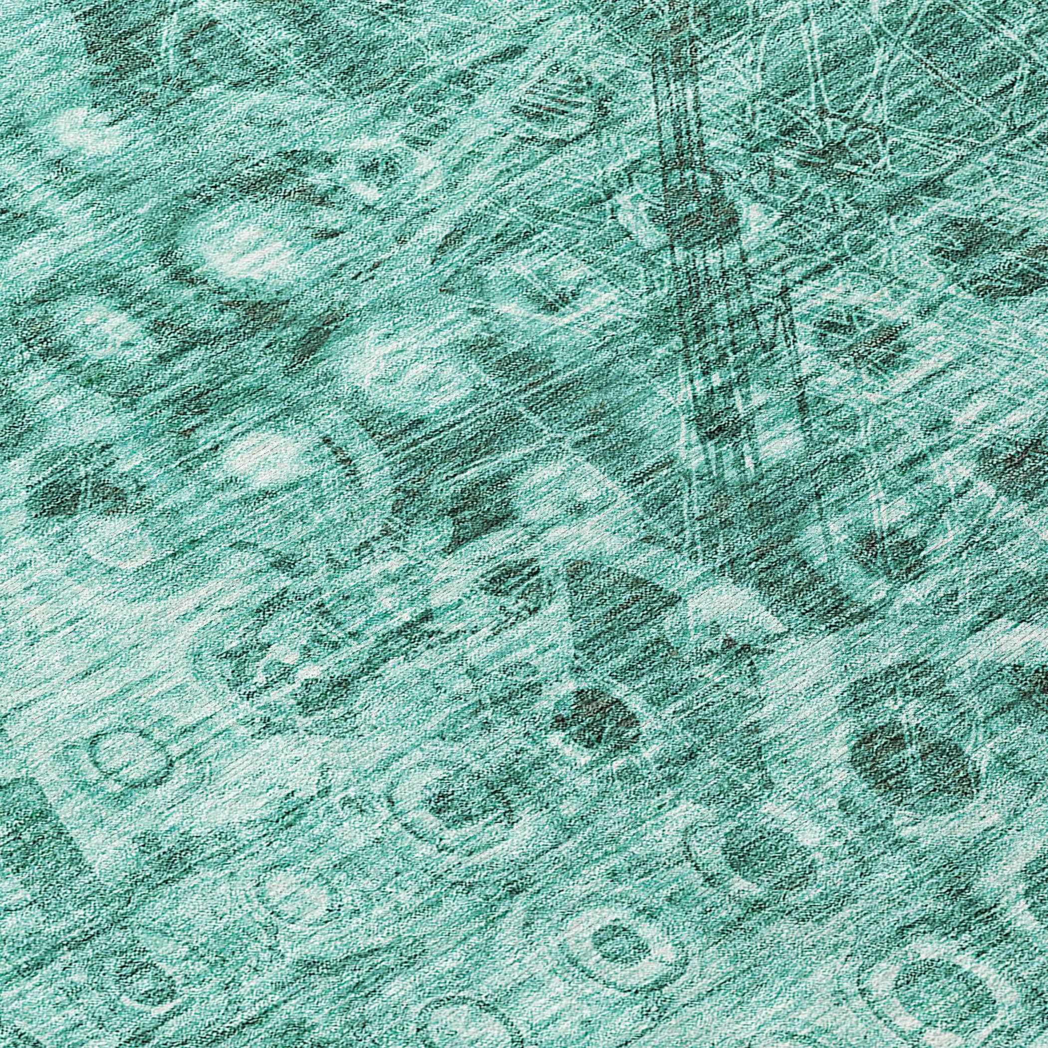 8' Teal Blue Round Ikat Washable Indoor Outdoor Area Rug