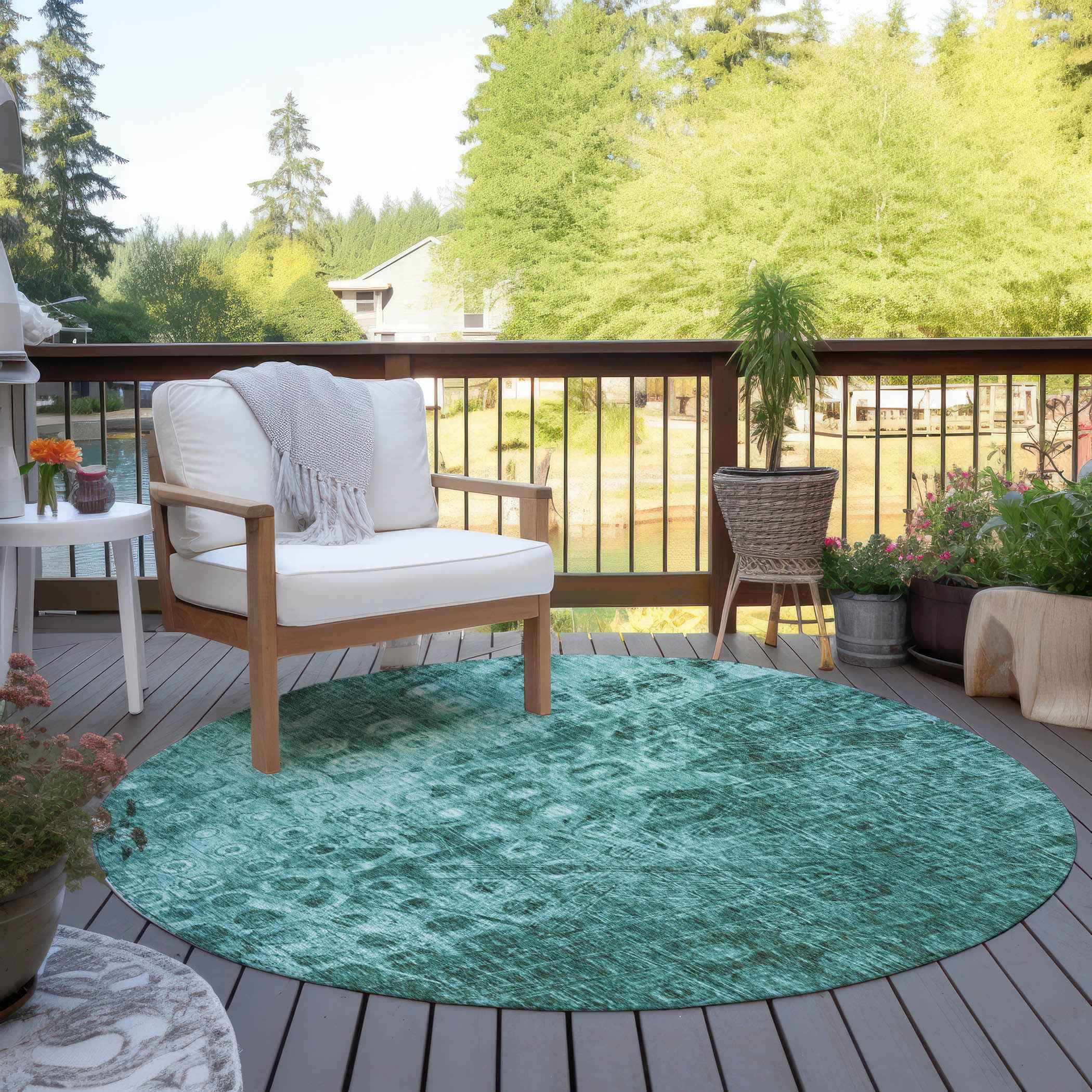 8' Teal Blue Round Ikat Washable Indoor Outdoor Area Rug