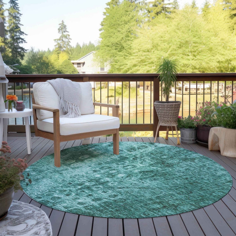 8' Teal Blue Round Ikat Washable Indoor Outdoor Area Rug