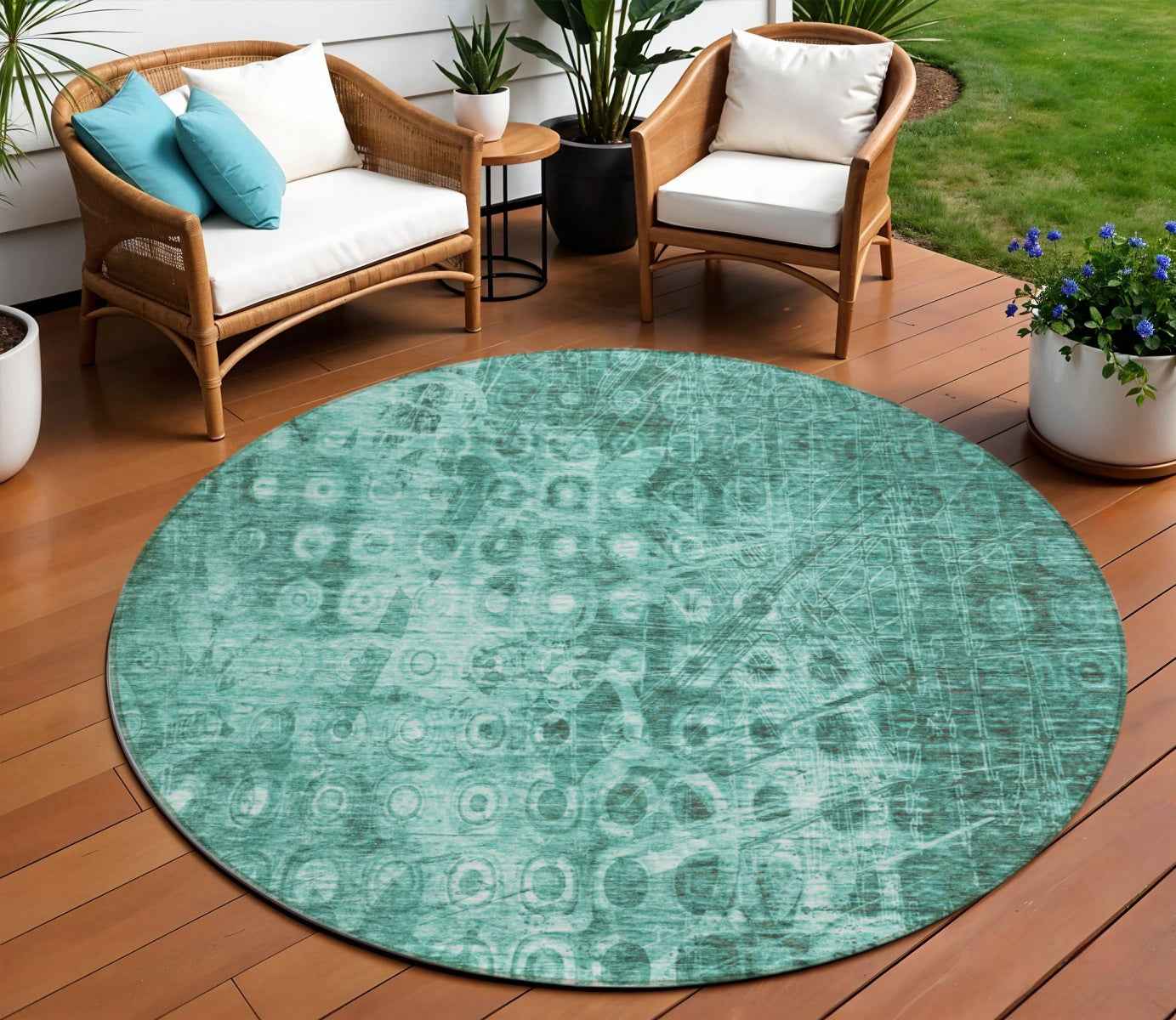 8' Teal Blue Round Ikat Washable Indoor Outdoor Area Rug