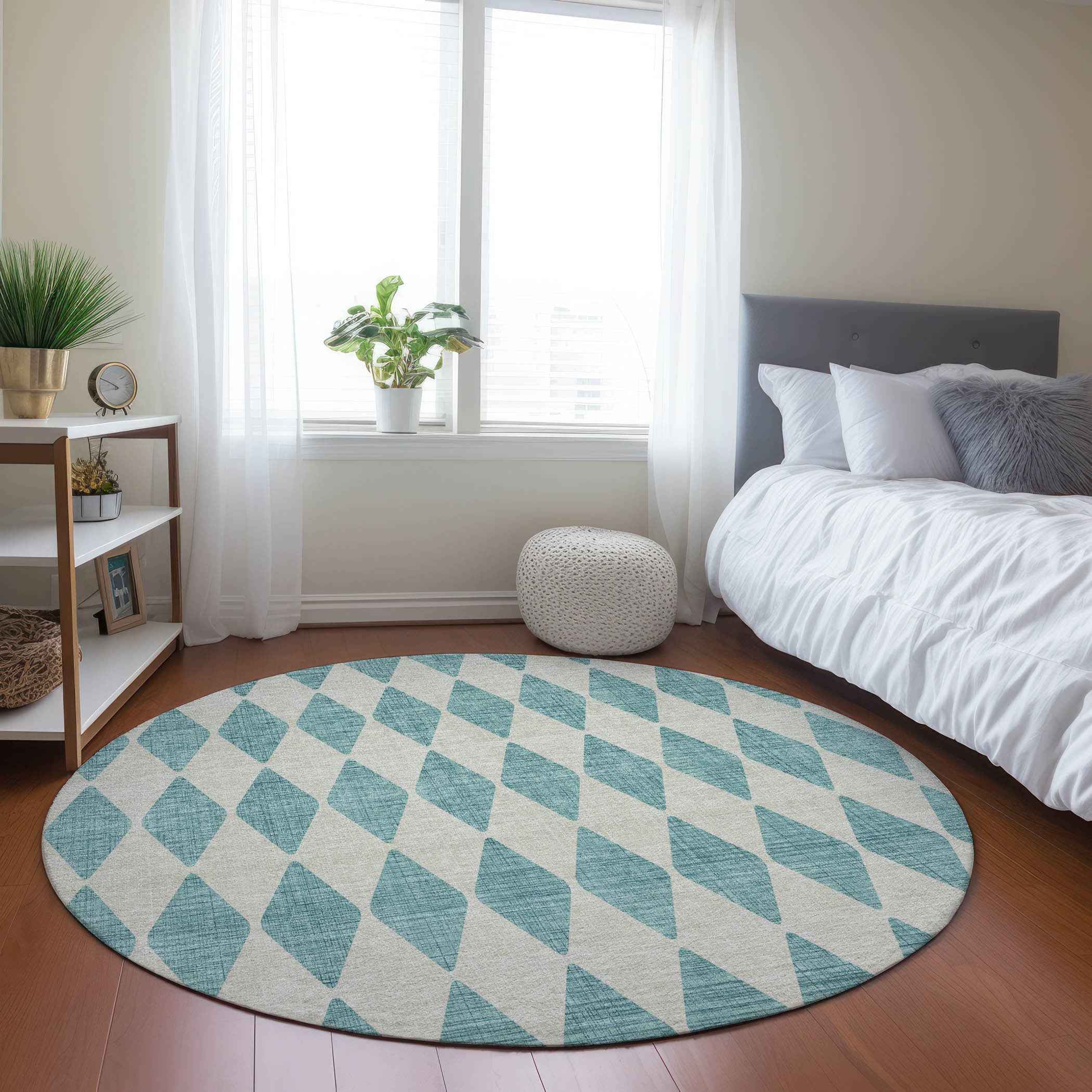 8' Teal Blue And Ivory Round Geometric Washable Indoor Outdoor Area Rug