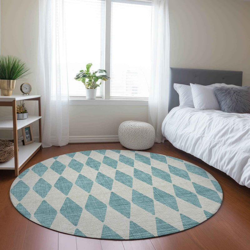 8' Teal Blue And Ivory Round Geometric Washable Indoor Outdoor Area Rug