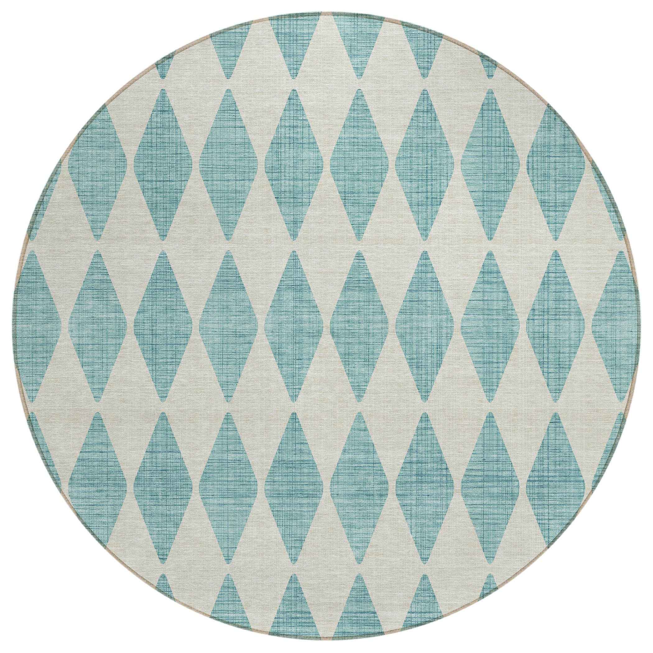 8' Teal Blue And Ivory Round Geometric Washable Indoor Outdoor Area Rug