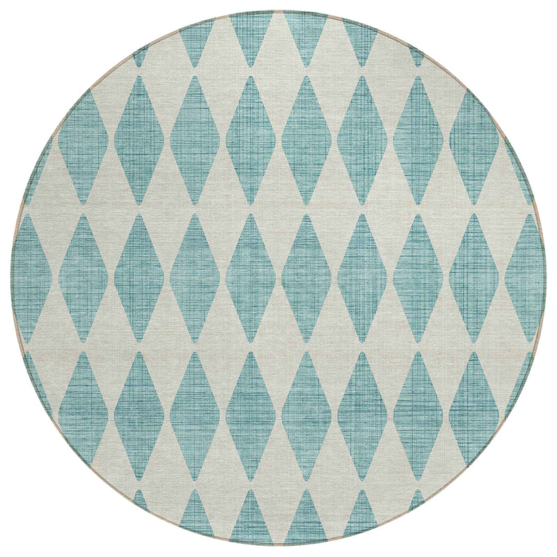 8' Teal Blue And Ivory Round Geometric Washable Indoor Outdoor Area Rug