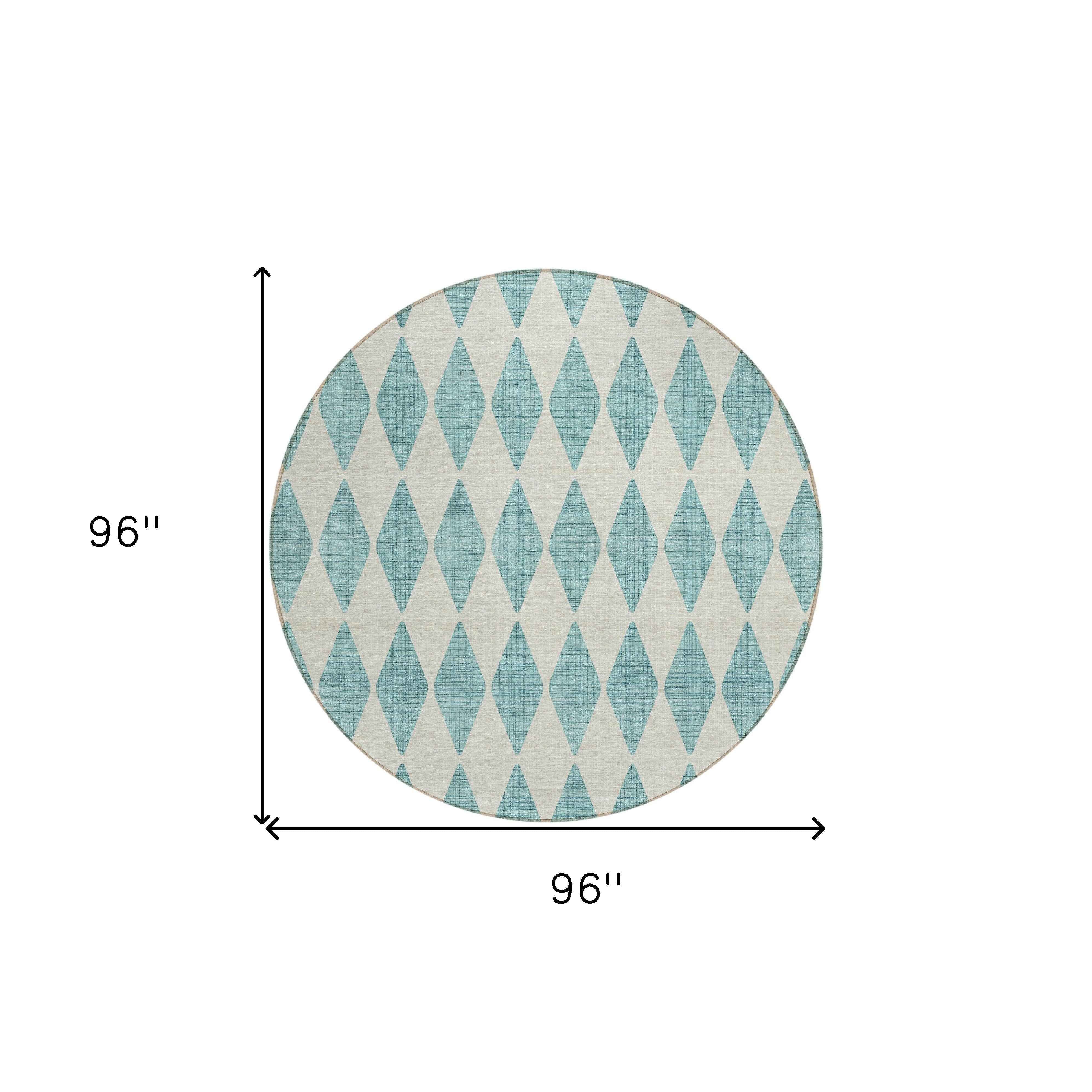 8' Teal Blue And Ivory Round Geometric Washable Indoor Outdoor Area Rug