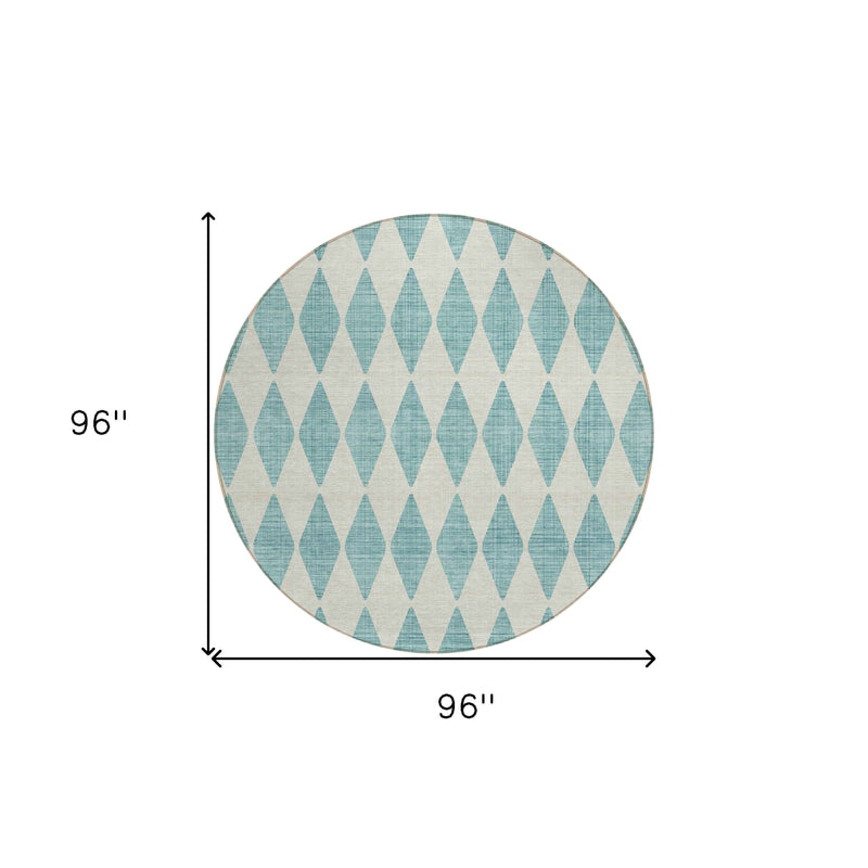 8' Teal Blue And Ivory Round Geometric Washable Indoor Outdoor Area Rug