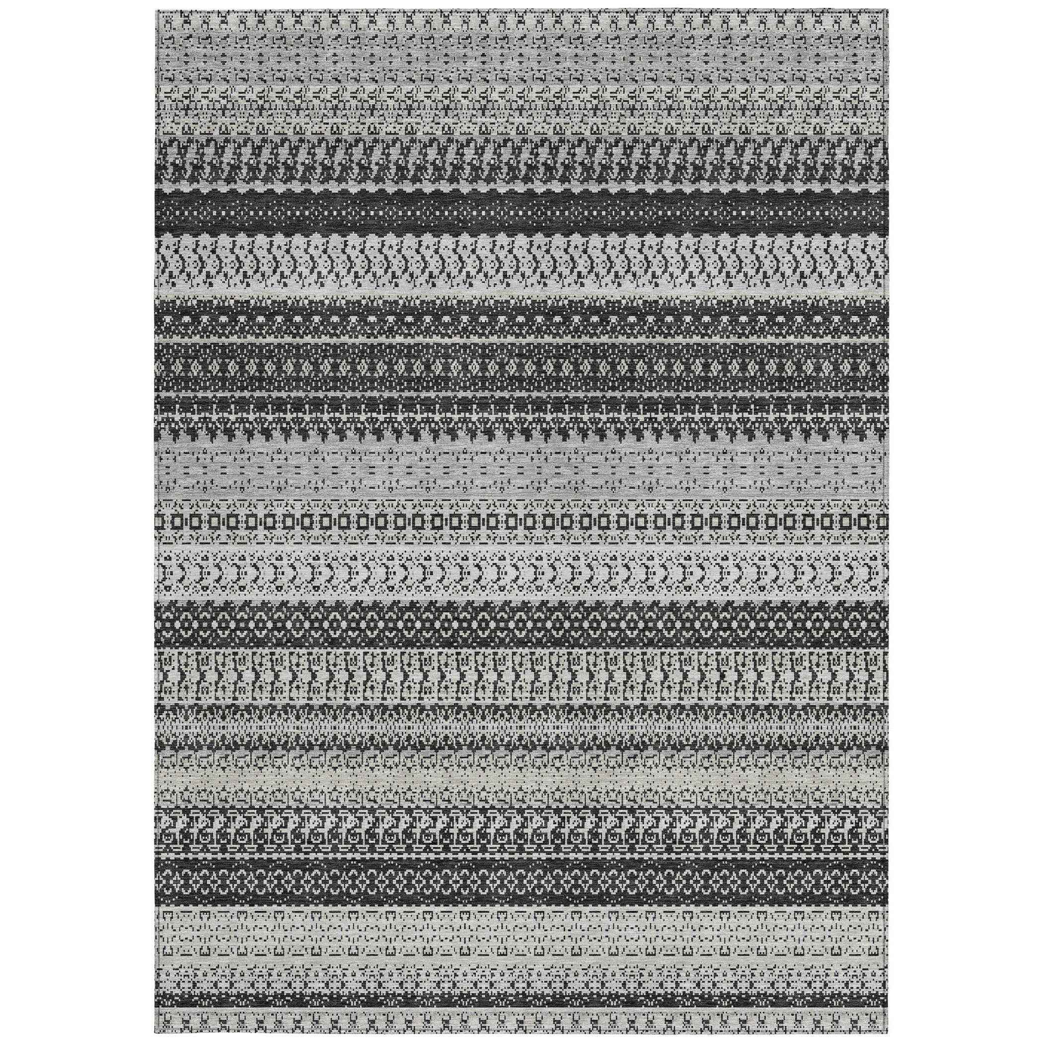 8' X 10' Black Striped Washable Indoor Outdoor Area Rug