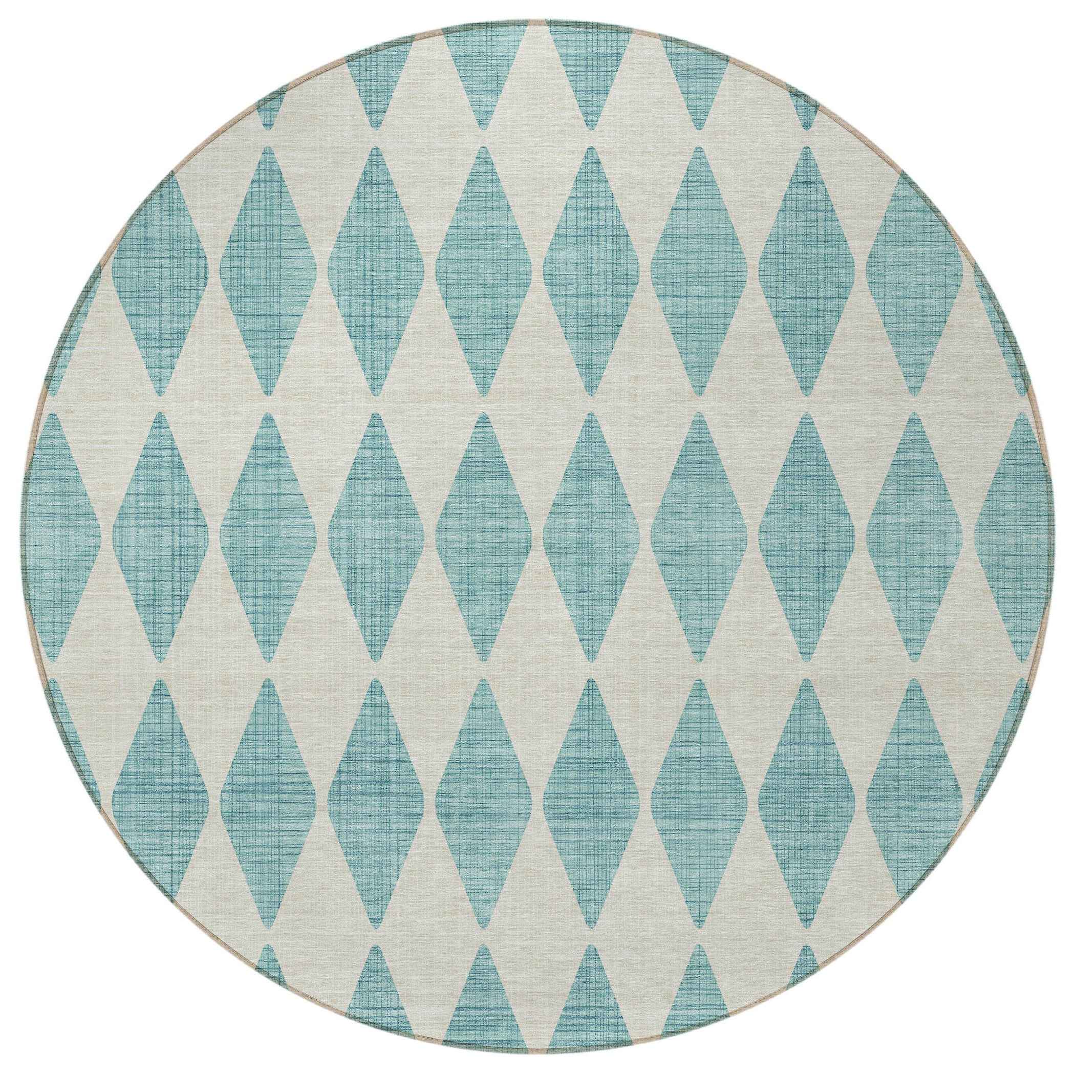 8' Teal Blue And Ivory Round Geometric Washable Indoor Outdoor Area Rug
