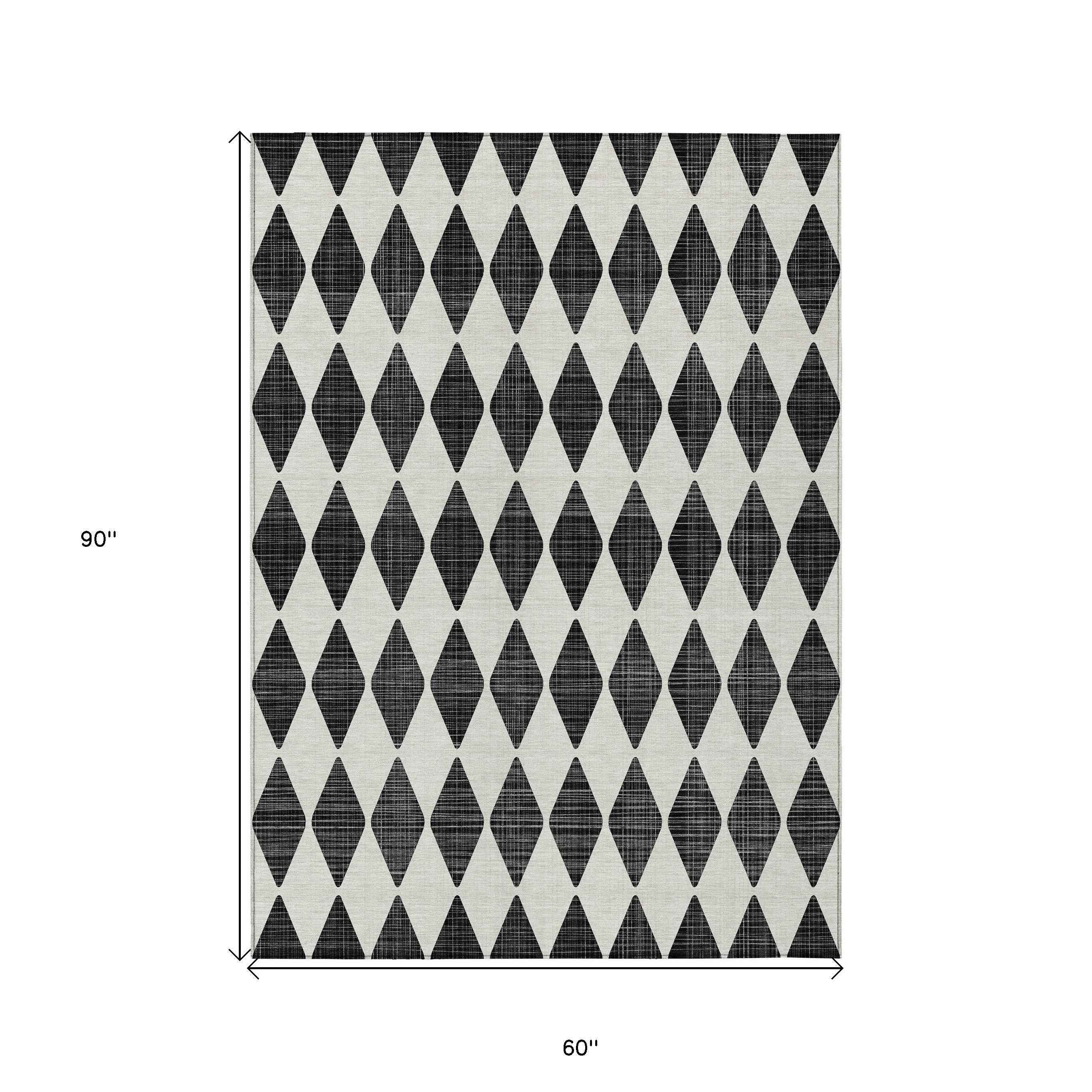5' X 8' Black Geometric Washable Indoor Outdoor Area Rug