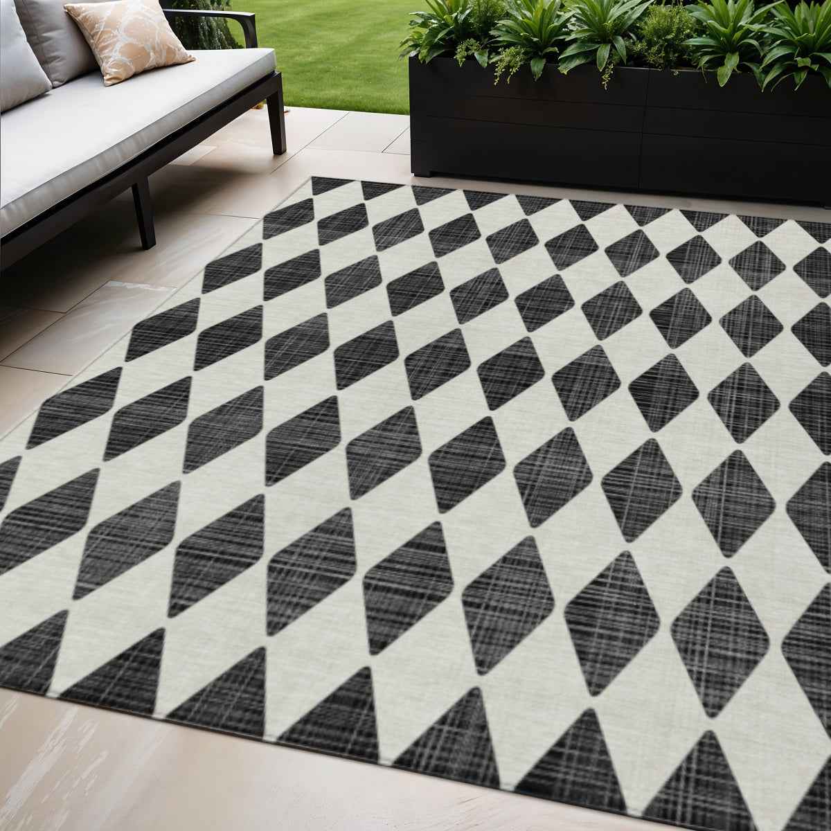 5' X 8' Black Geometric Washable Indoor Outdoor Area Rug