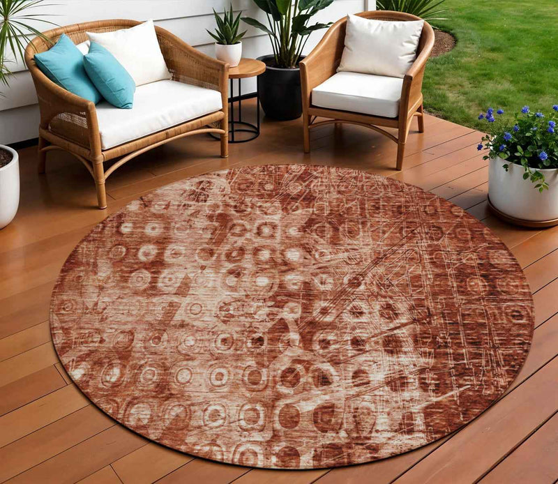 8' Orange Round Ikat Washable Indoor Outdoor Area Rug