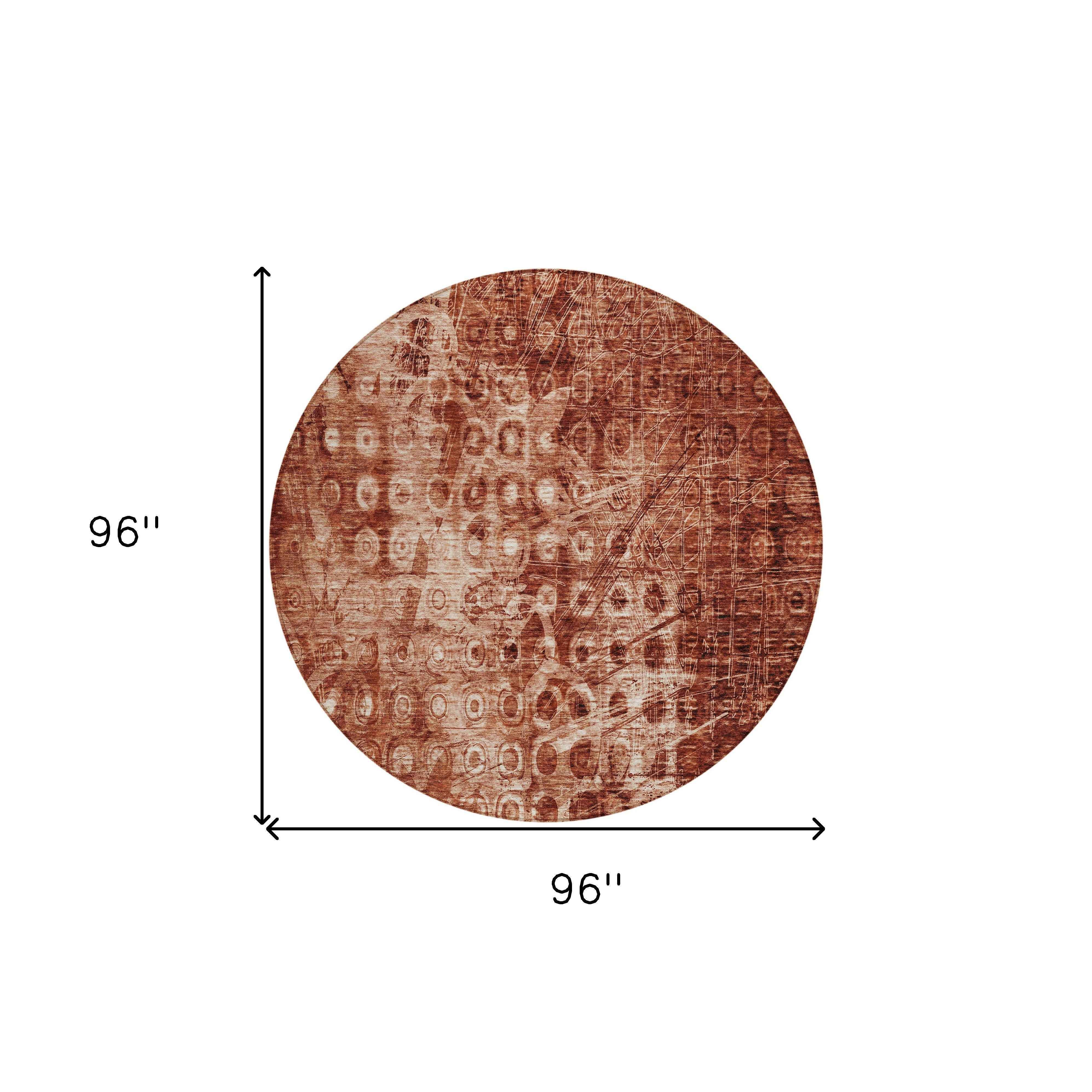 8' Orange Round Ikat Washable Indoor Outdoor Area Rug