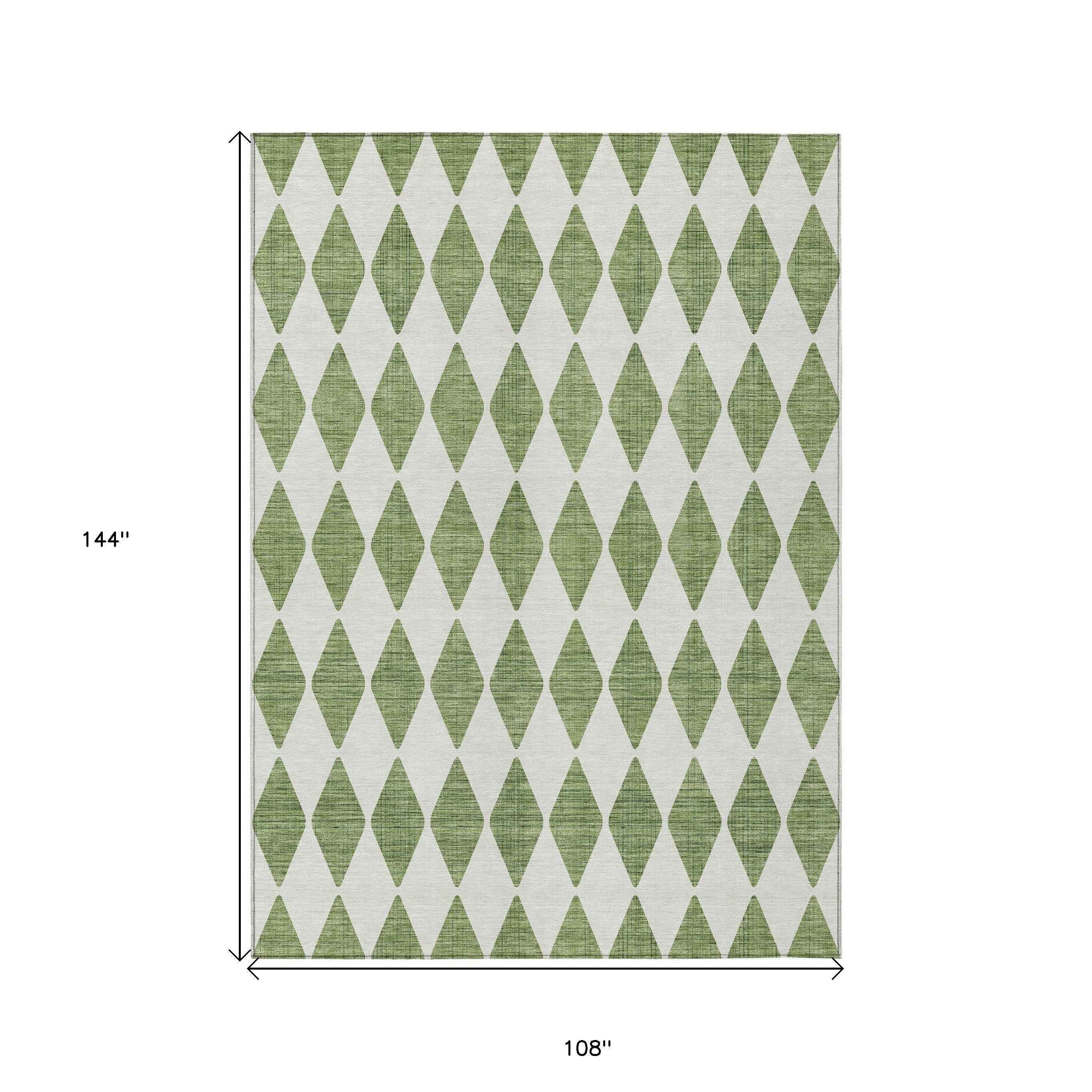 9' X 12' Green And Ivory Geometric Washable Indoor Outdoor Area Rug