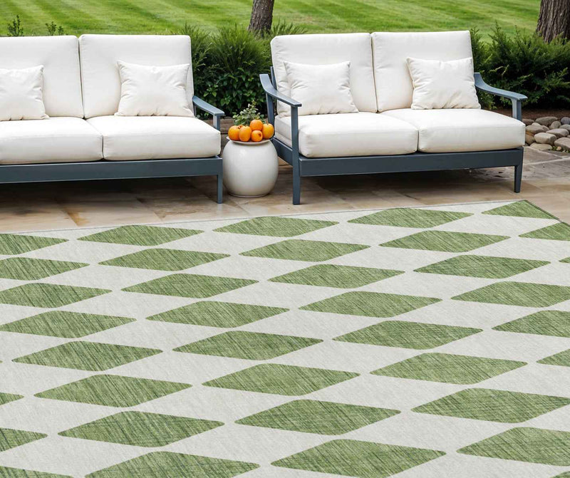9' X 12' Green And Ivory Geometric Washable Indoor Outdoor Area Rug