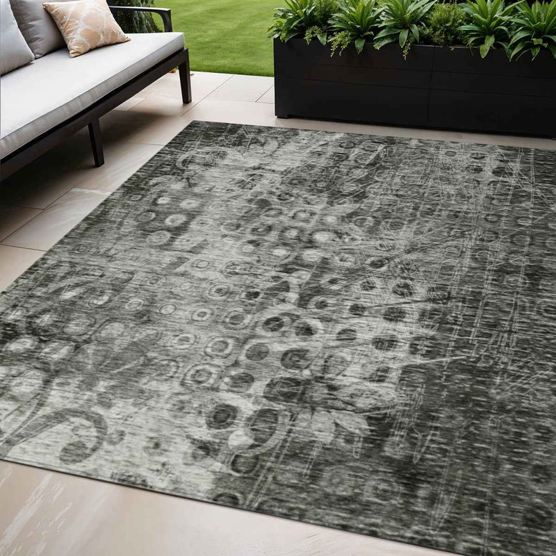 5' X 8' Charcoal Ikat Washable Indoor Outdoor Area Rug