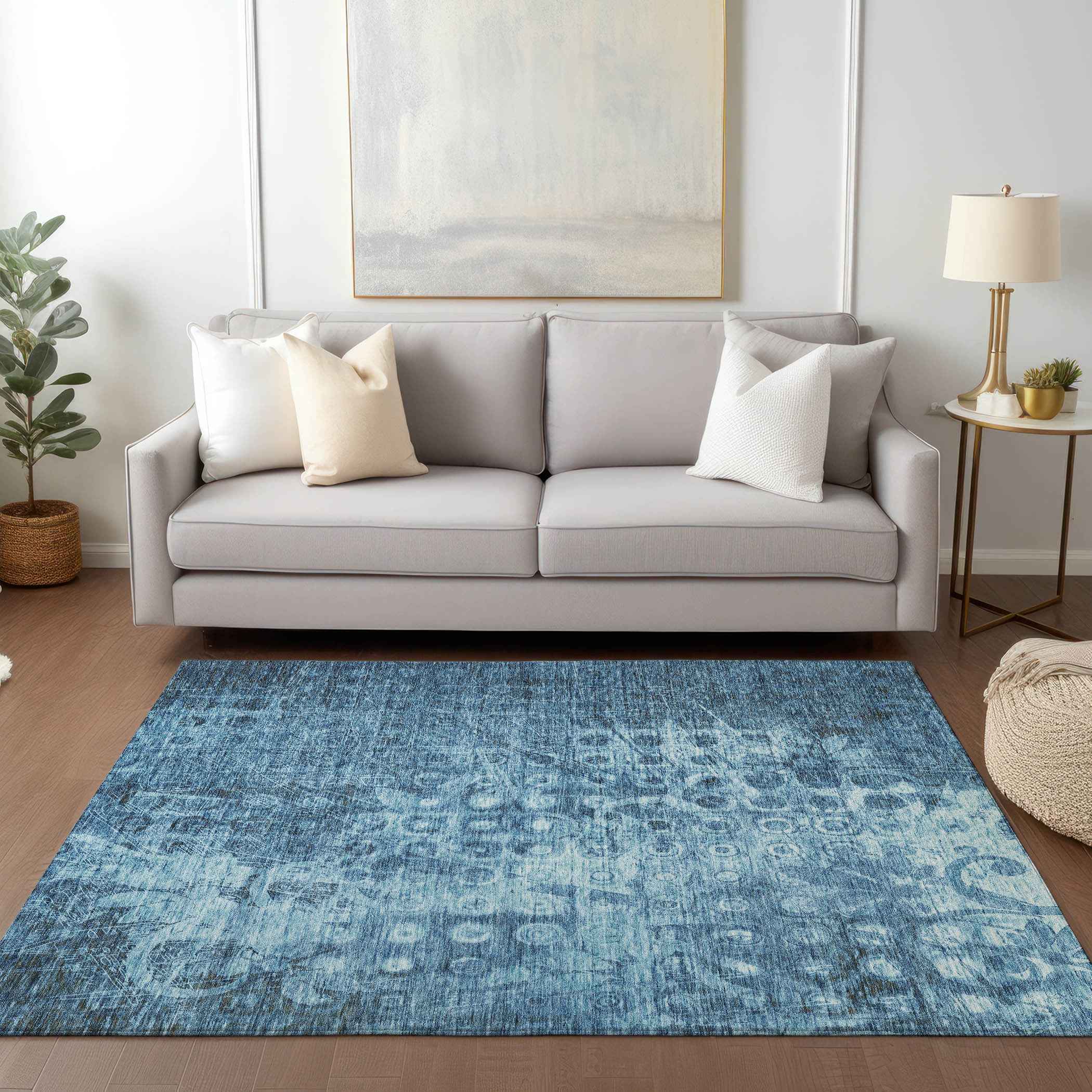 5' X 8' Blue Ikat Washable Indoor Outdoor Area Rug