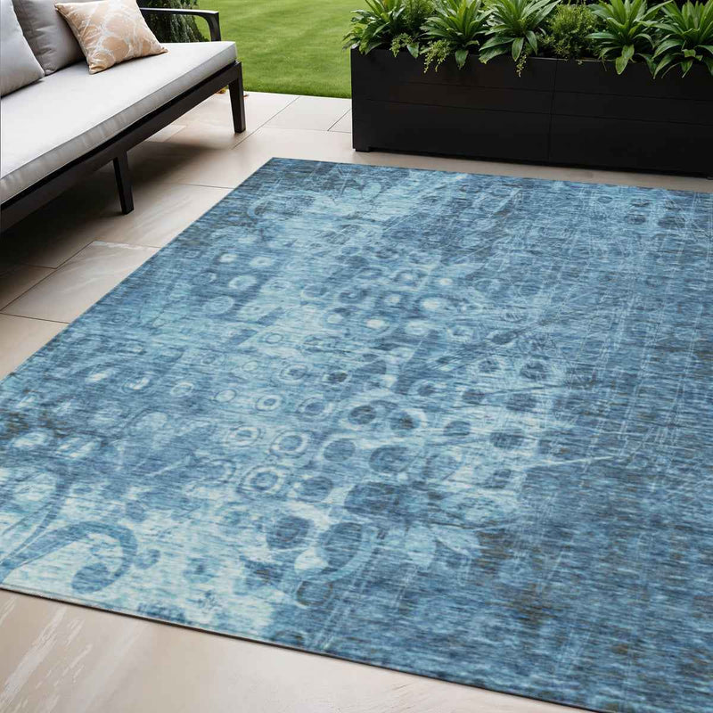 5' X 8' Blue Ikat Washable Indoor Outdoor Area Rug