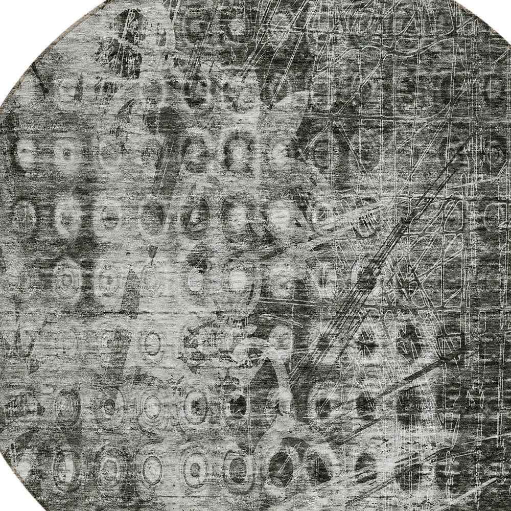 8' Charcoal Round Ikat Washable Indoor Outdoor Area Rug