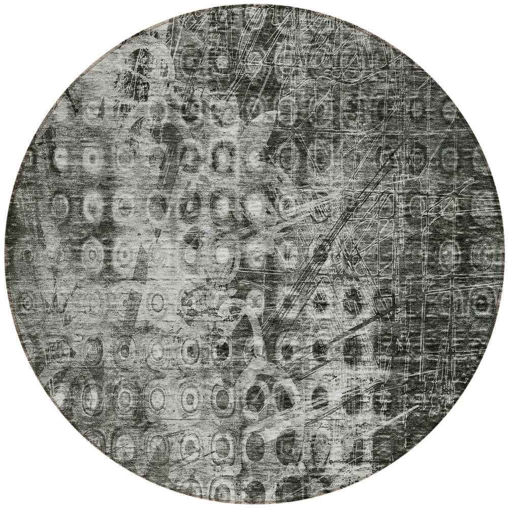 8' Charcoal Round Ikat Washable Indoor Outdoor Area Rug