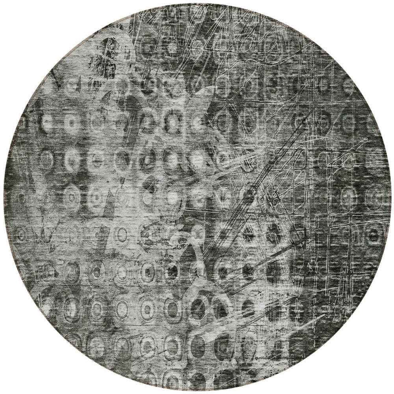8' Charcoal Round Ikat Washable Indoor Outdoor Area Rug
