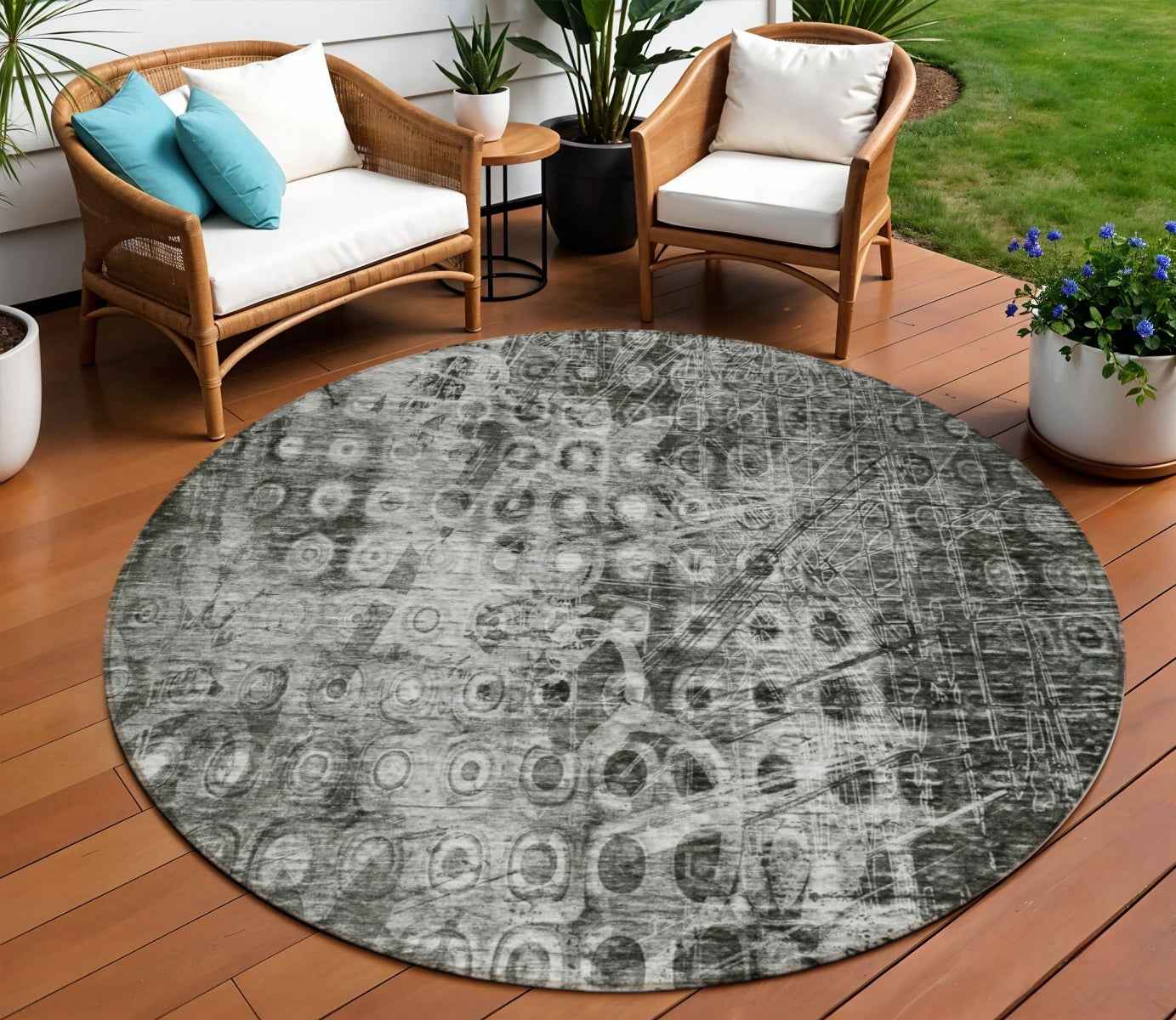 8' Charcoal Round Ikat Washable Indoor Outdoor Area Rug