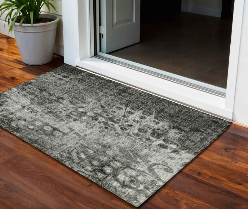 3' X 5' Charcoal Ikat Washable Indoor Outdoor Area Rug