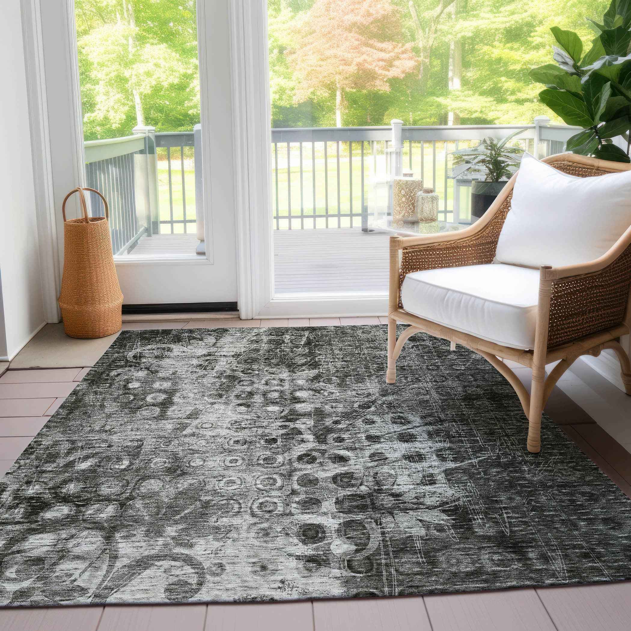 3' X 5' Charcoal Ikat Washable Indoor Outdoor Area Rug