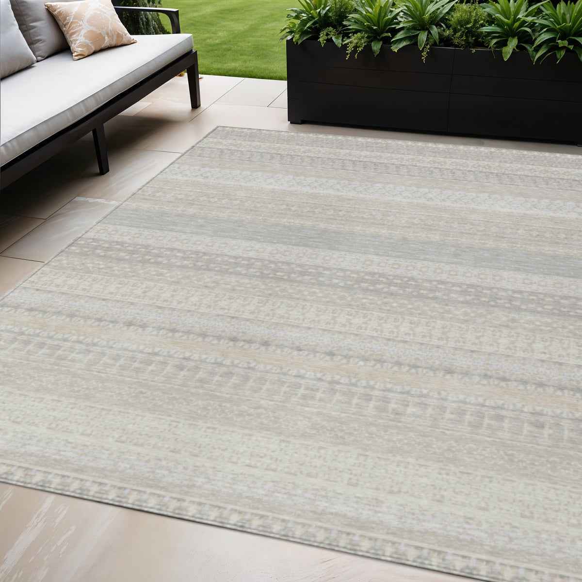 5' X 8' Ivory Striped Washable Indoor Outdoor Area Rug