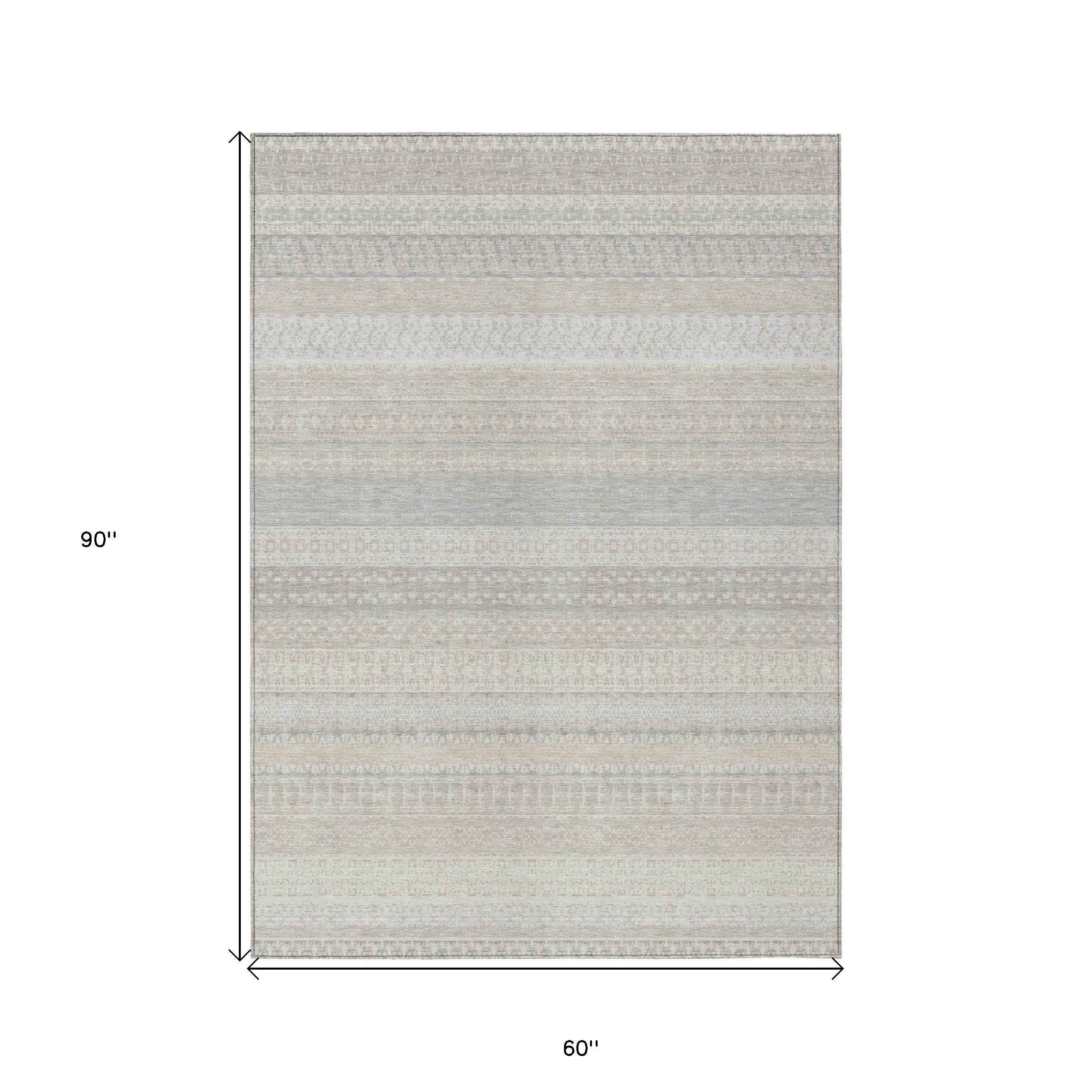 5' X 8' Ivory Striped Washable Indoor Outdoor Area Rug