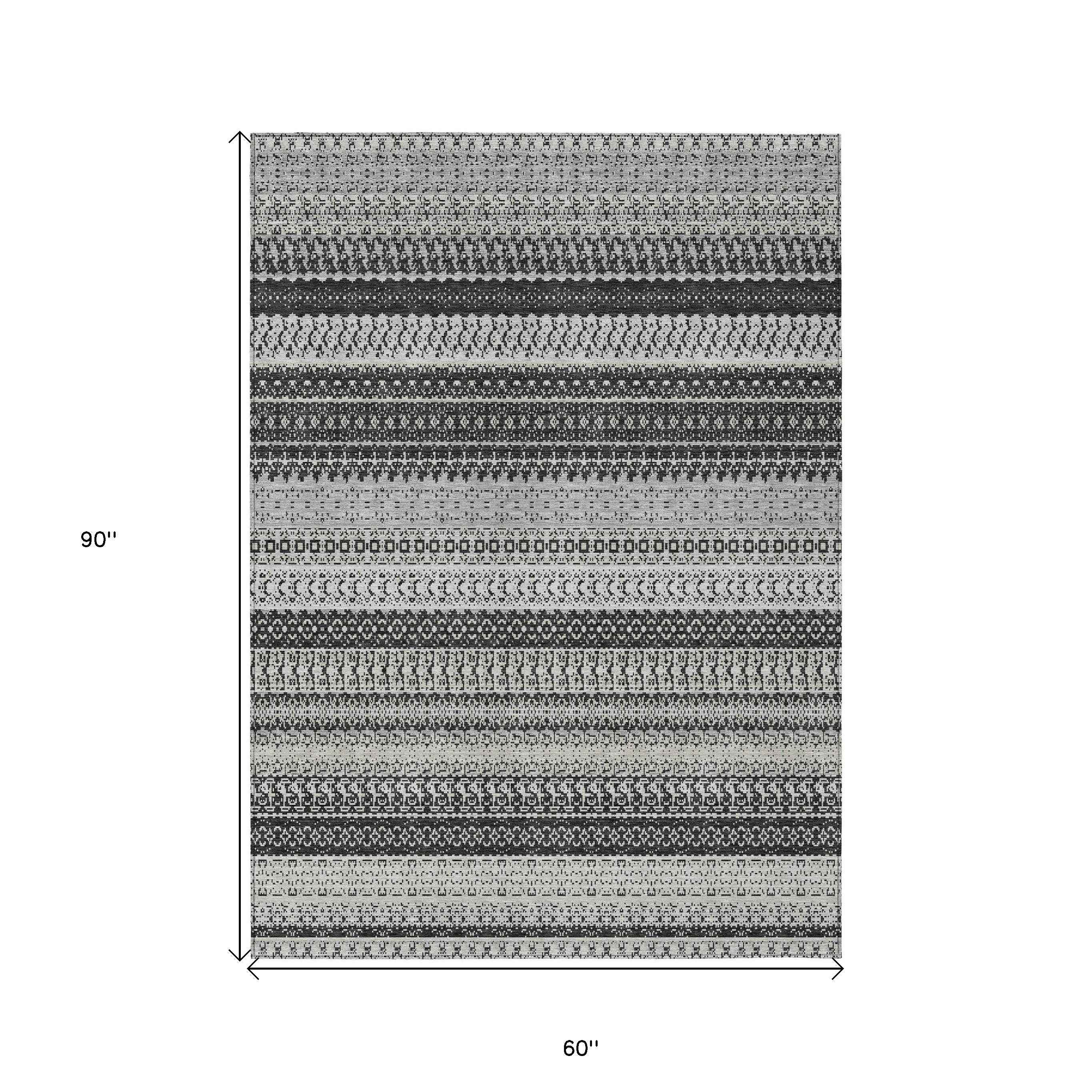 5' X 8' Black Striped Washable Indoor Outdoor Area Rug