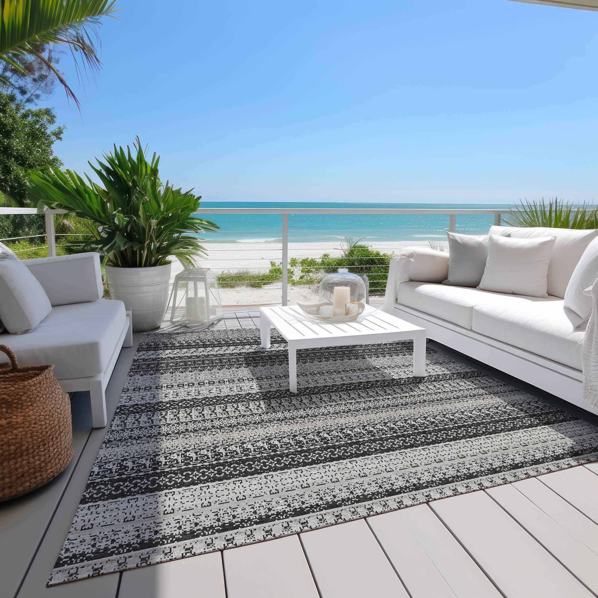 5' X 8' Black Striped Washable Indoor Outdoor Area Rug