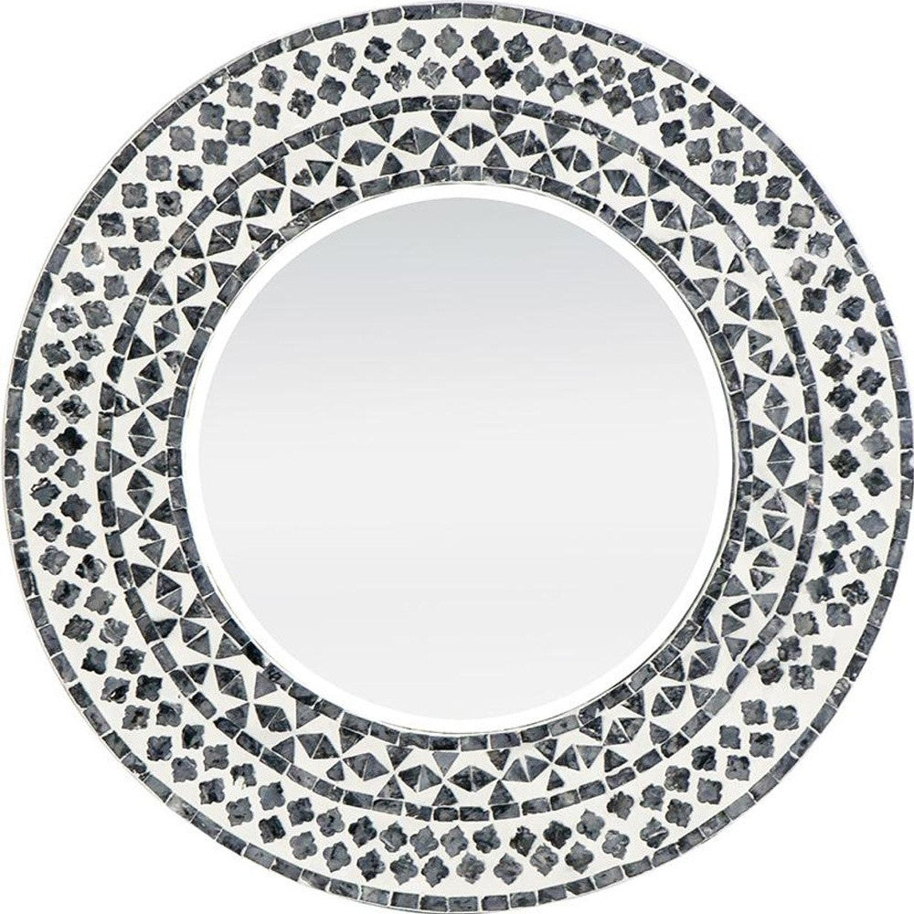 24" Black And White Round Wood And Shell Framed Accent Mirror - Bed & Bath