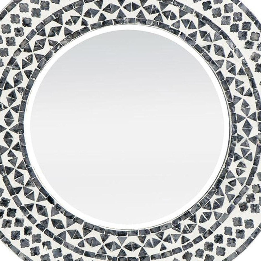 24" Black And White Round Wood And Shell Framed Accent Mirror - Bed & Bath