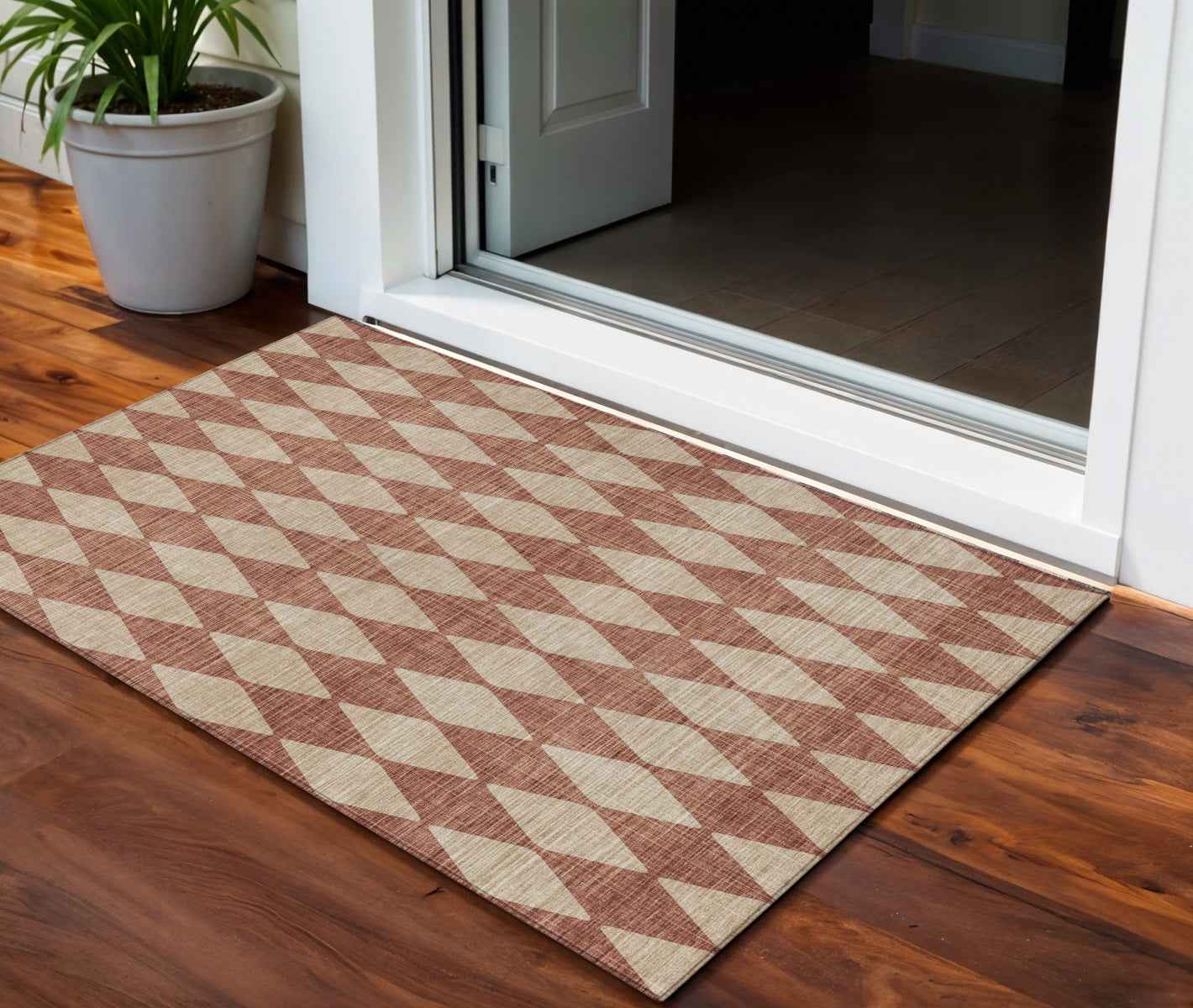 3' X 5' Orange And Copper Geometric Washable Indoor Outdoor Area Rug