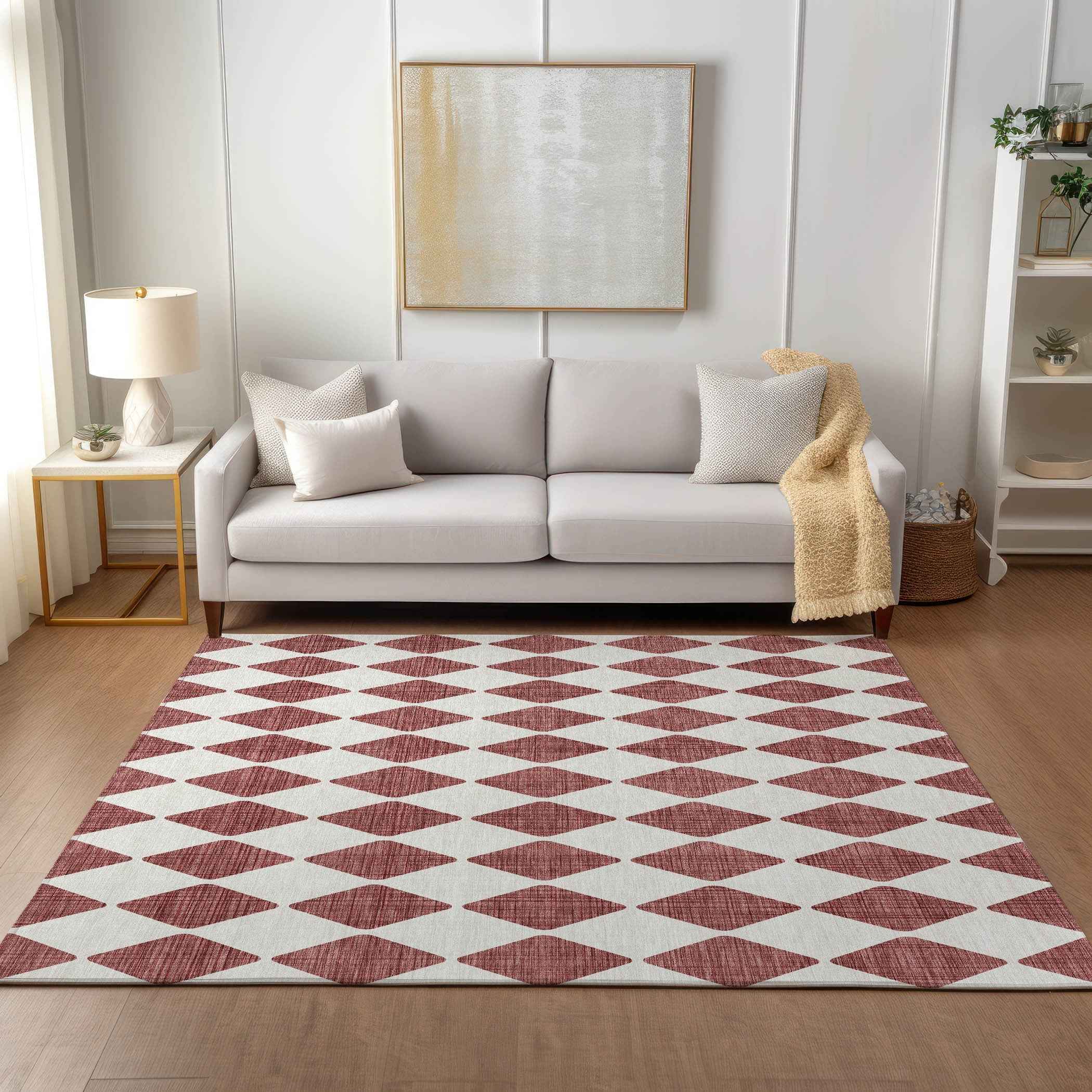 8' X 10' Burgundy Geometric Washable Indoor Outdoor Area Rug