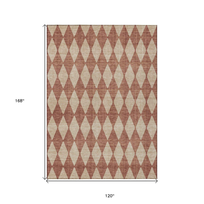 10' X 14' Orange And Copper Geometric Washable Indoor Outdoor Area Rug