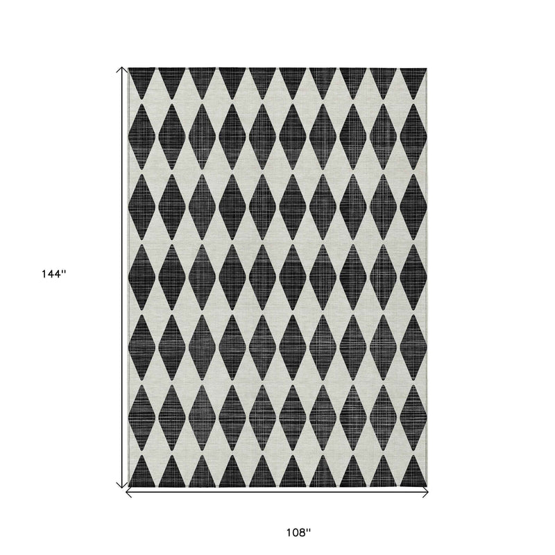 9' X 12' Black Geometric Washable Indoor Outdoor Area Rug