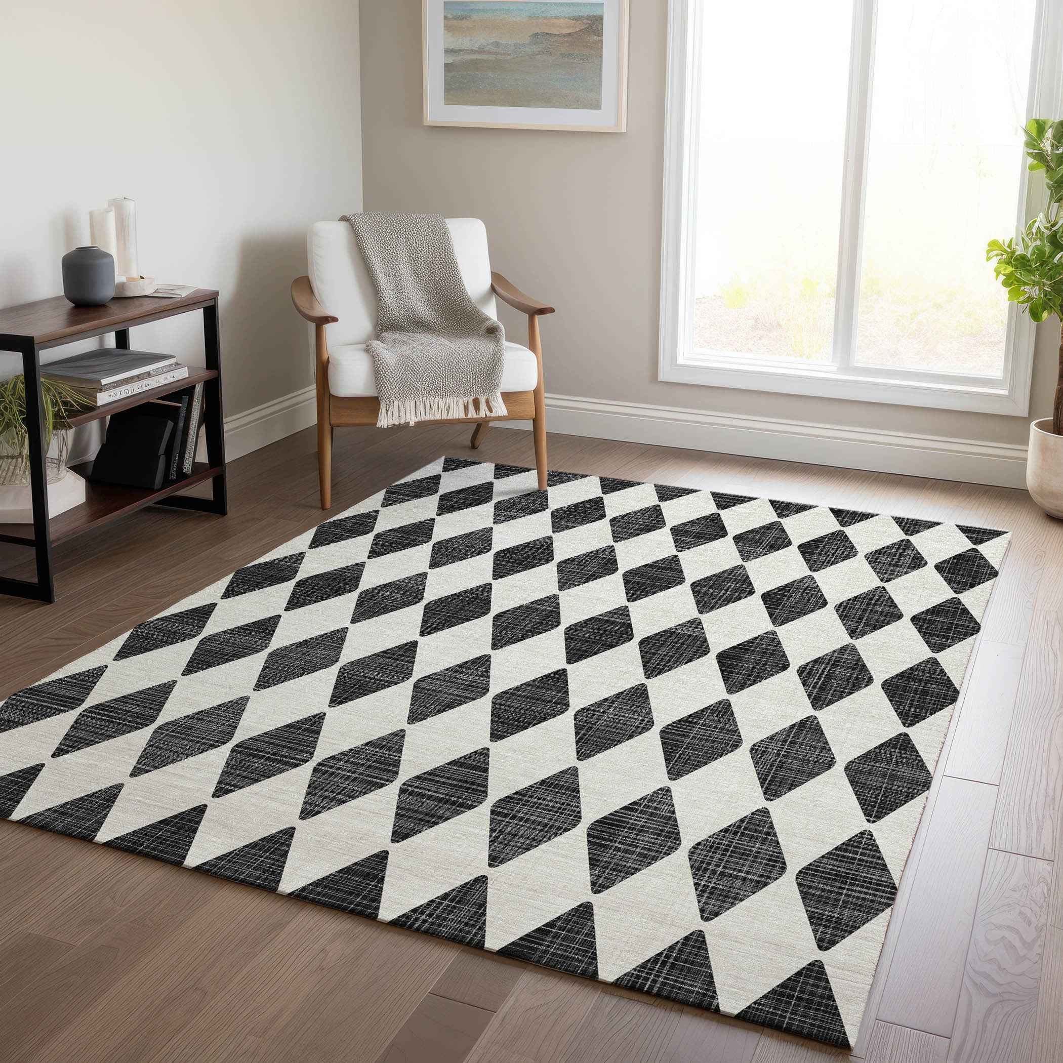 9' X 12' Black Geometric Washable Indoor Outdoor Area Rug