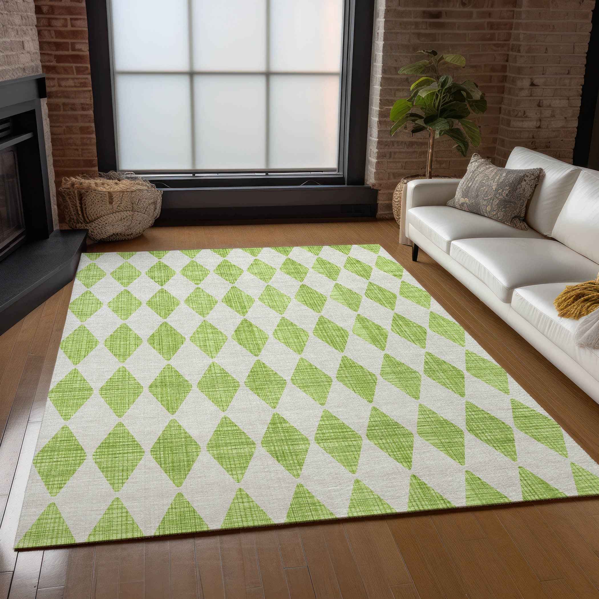 3' X 5' Lime Green And Ivory Geometric Washable Indoor Outdoor Area Rug
