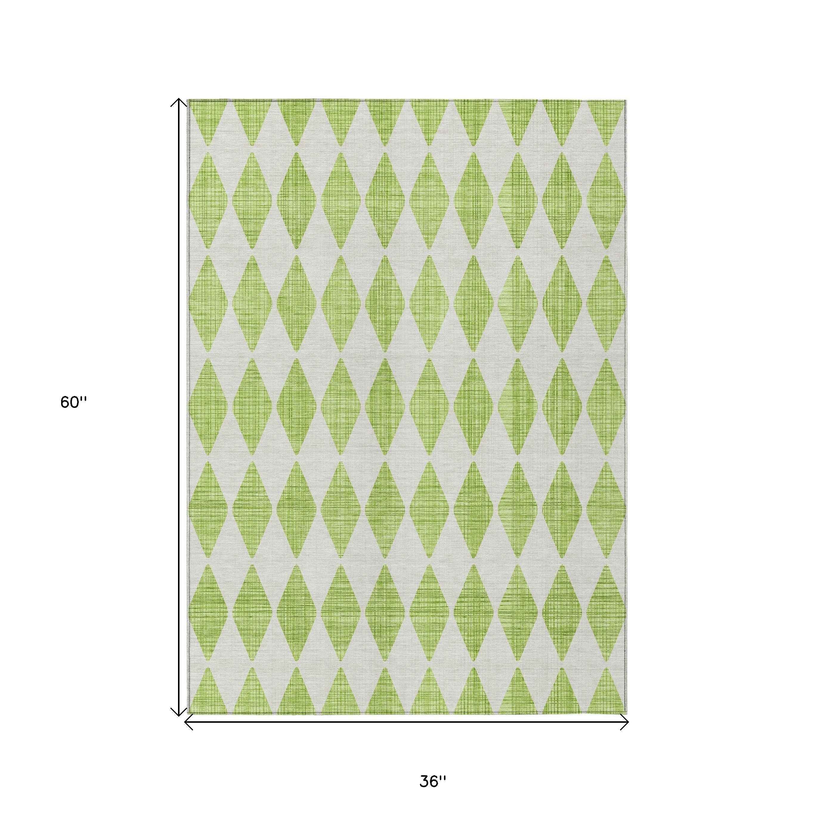 3' X 5' Lime Green And Ivory Geometric Washable Indoor Outdoor Area Rug