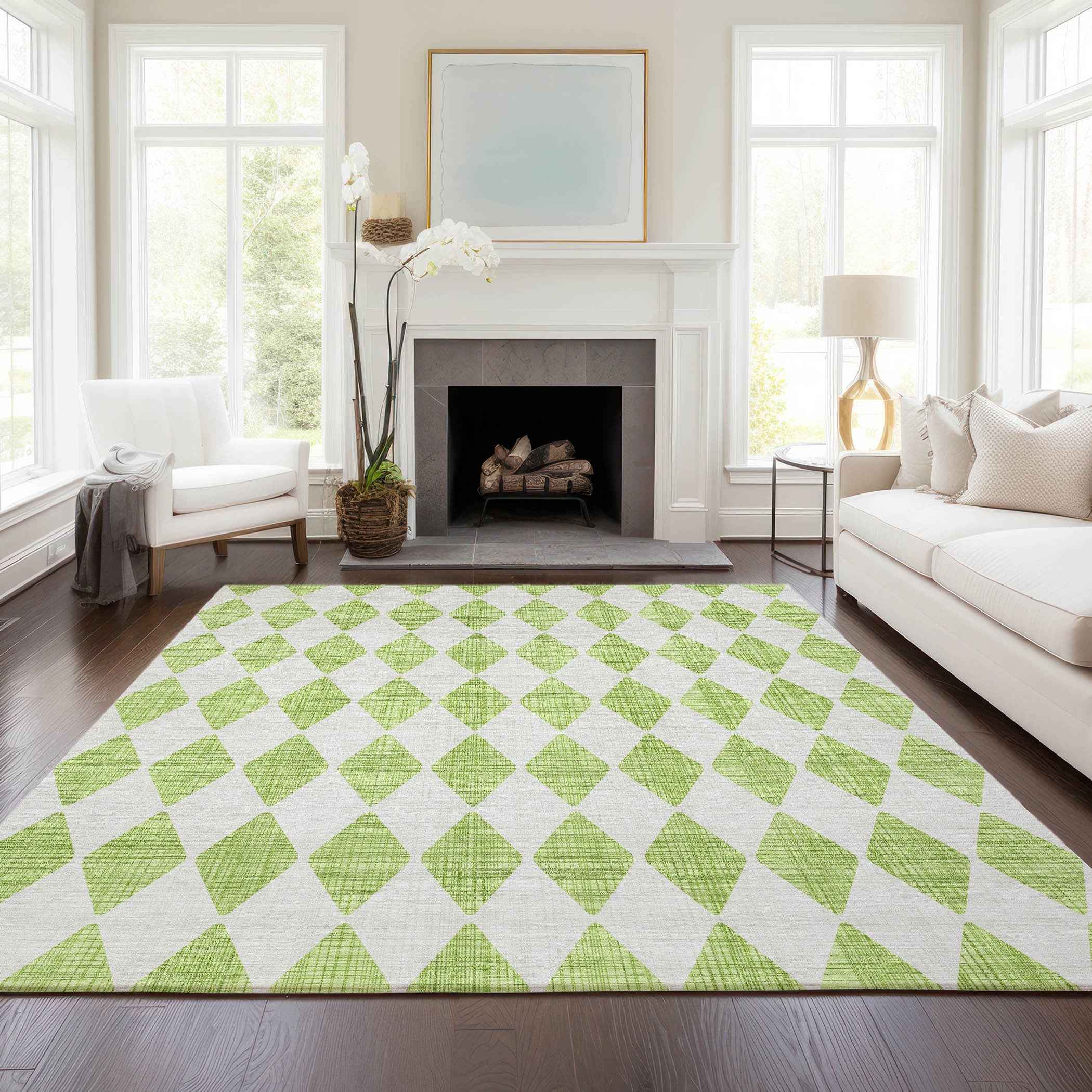 3' X 5' Lime Green And Ivory Geometric Washable Indoor Outdoor Area Rug