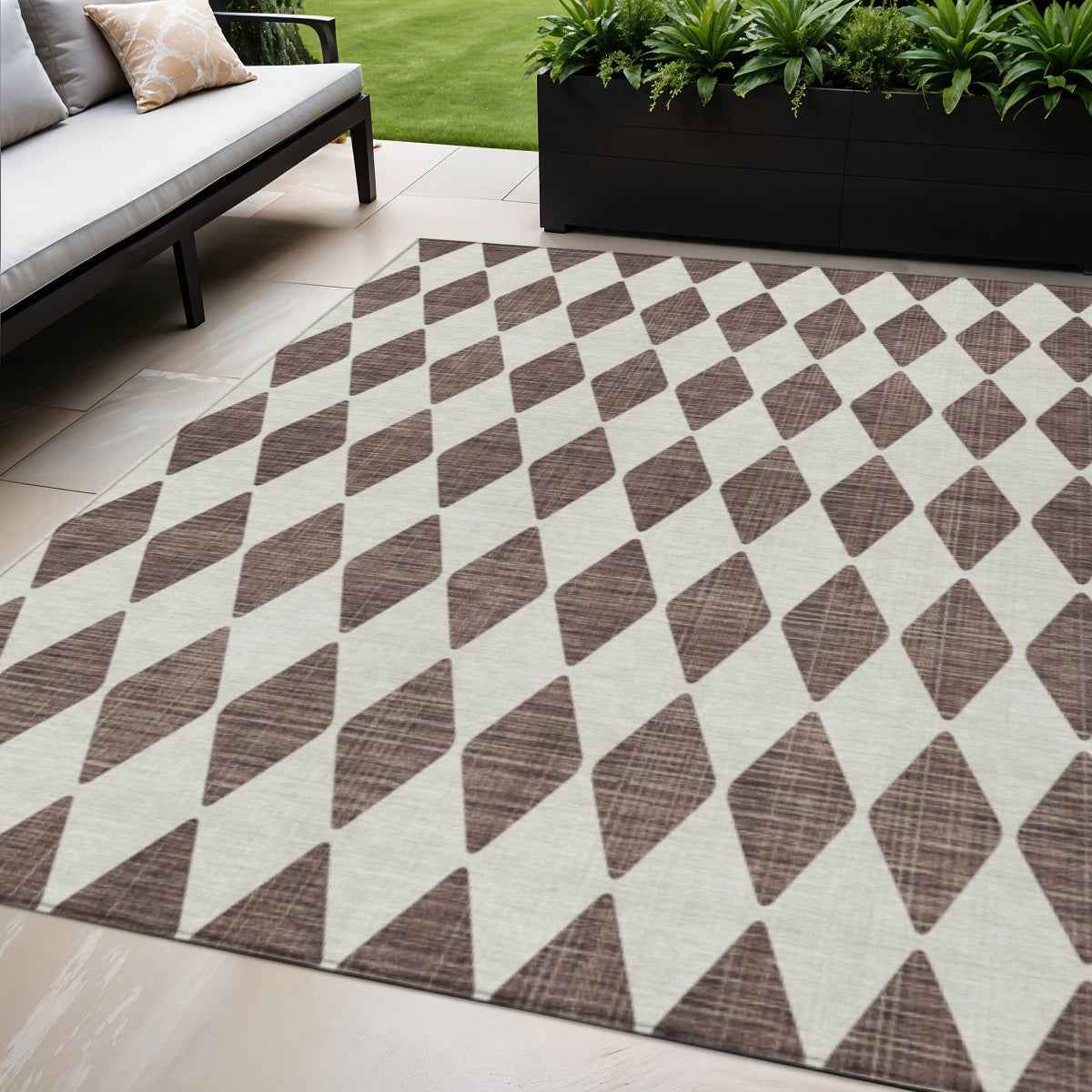 5' X 8' Brown Geometric Washable Indoor Outdoor Area Rug