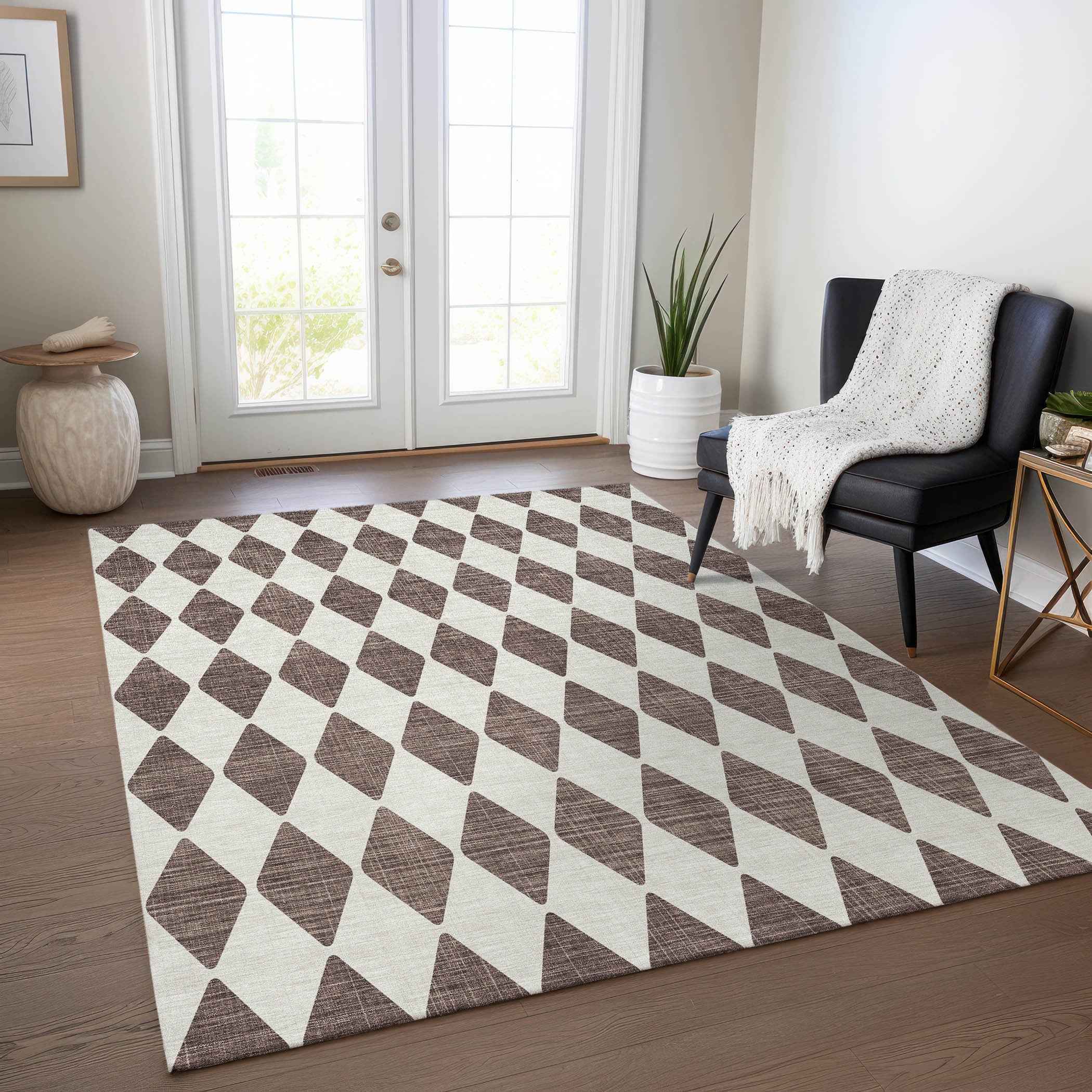 5' X 8' Brown Geometric Washable Indoor Outdoor Area Rug