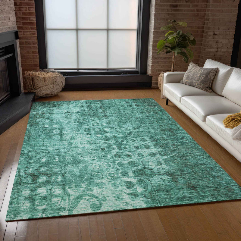 10' X 14' Teal Blue Ikat Washable Indoor Outdoor Area Rug