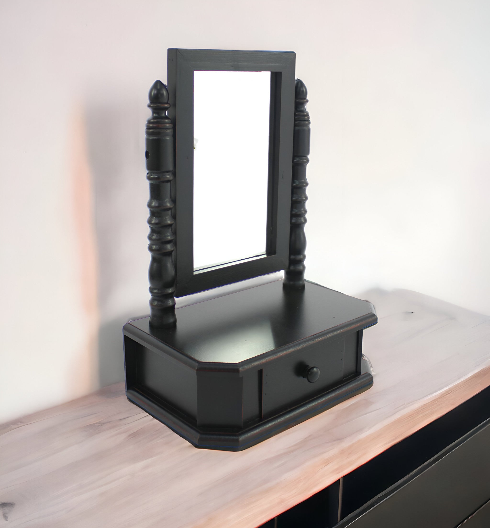 20" Black Wood Framed Freestanding Makeup Shaving Tabletop Mirror - GreatEagleInc