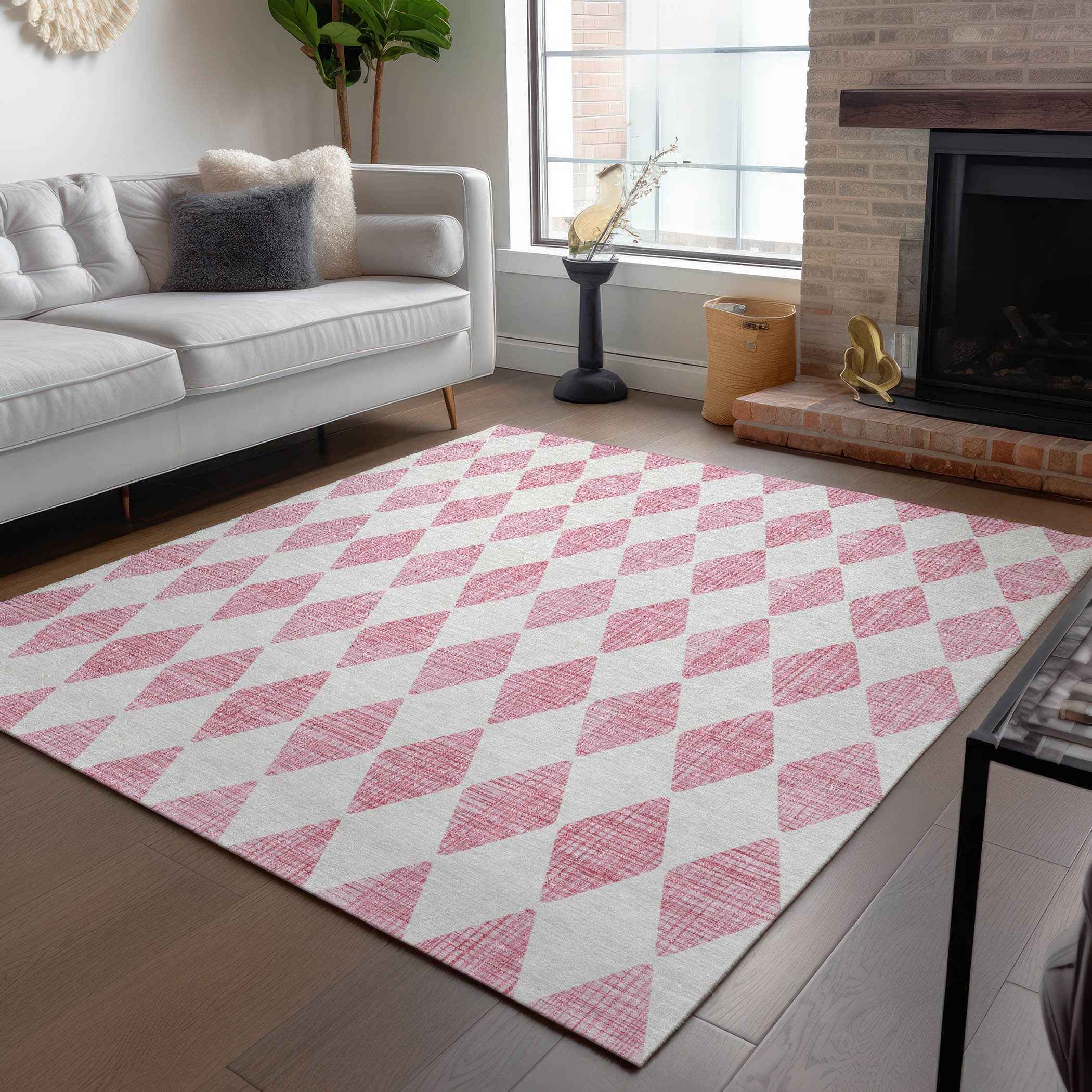 10' X 14' Pink And Ivory Geometric Washable Indoor Outdoor Area Rug