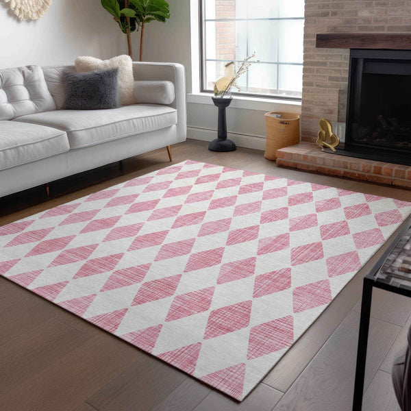 10' X 14' Pink And Ivory Geometric Washable Indoor Outdoor Area Rug